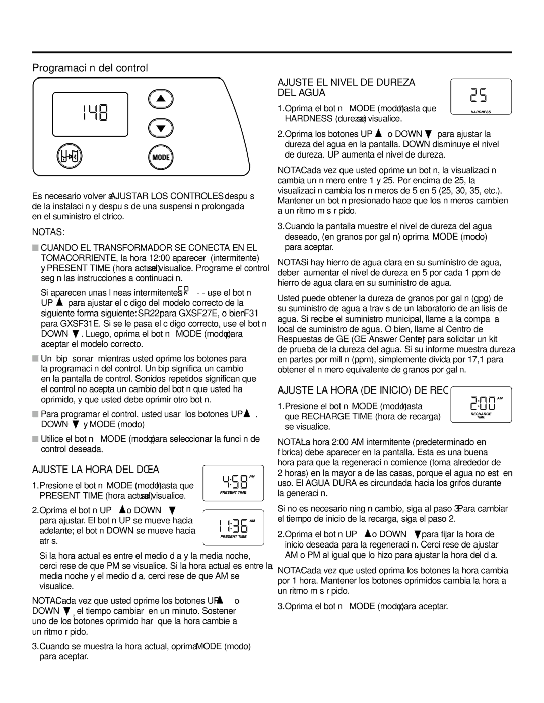 GE GXSF31E Programación del control, Ajuste LA Hora DEL DÍA, Ajuste EL Nivel DE Dureza DEL Agua, Notas 