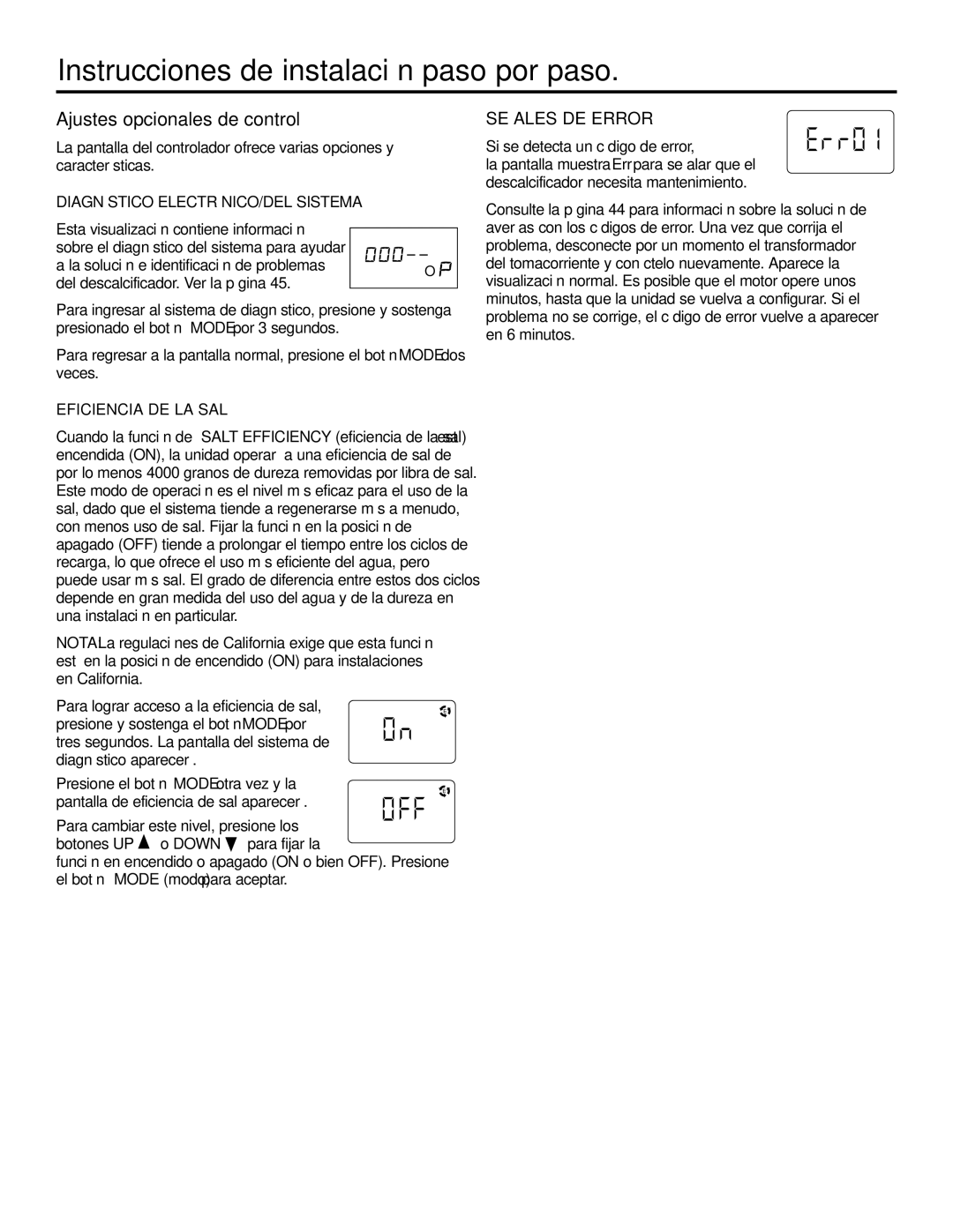 GE GXSF31E Ajustes opcionales de control, Señales DE Error, Diagnóstico ELECTRÓNICO/DEL Sistema, Eficiencia DE LA SAL 