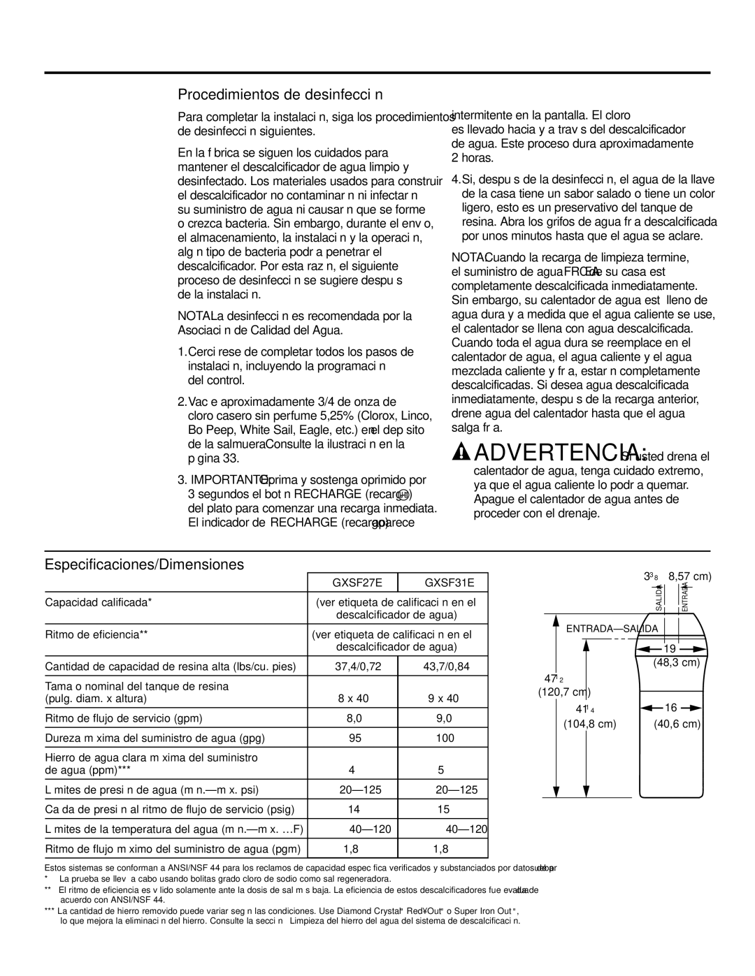 GE GXSF31E installation instructions Procedimientos de desinfección, Especificaciones/Dimensiones 