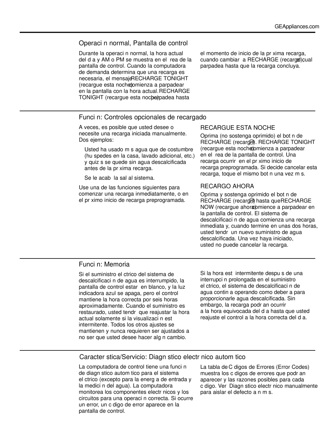 GE GXSF31E Operación normal, Pantalla de control, Función Memoria, Recargue Esta Noche, Recargo Ahora 