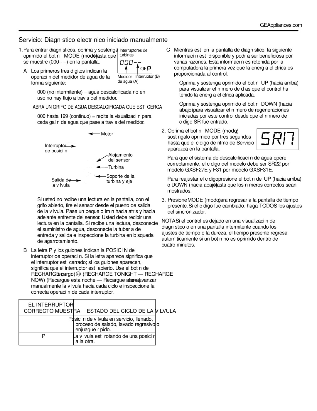 GE GXSF31E installation instructions Servicio Diagnóstico electrónico iniciado manualmente 