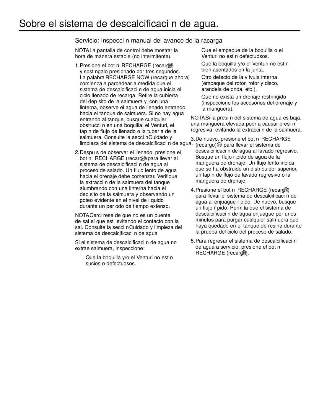 GE GXSF31E installation instructions Servicio Inspección manual del avance de la racarga, Recharge recargo 