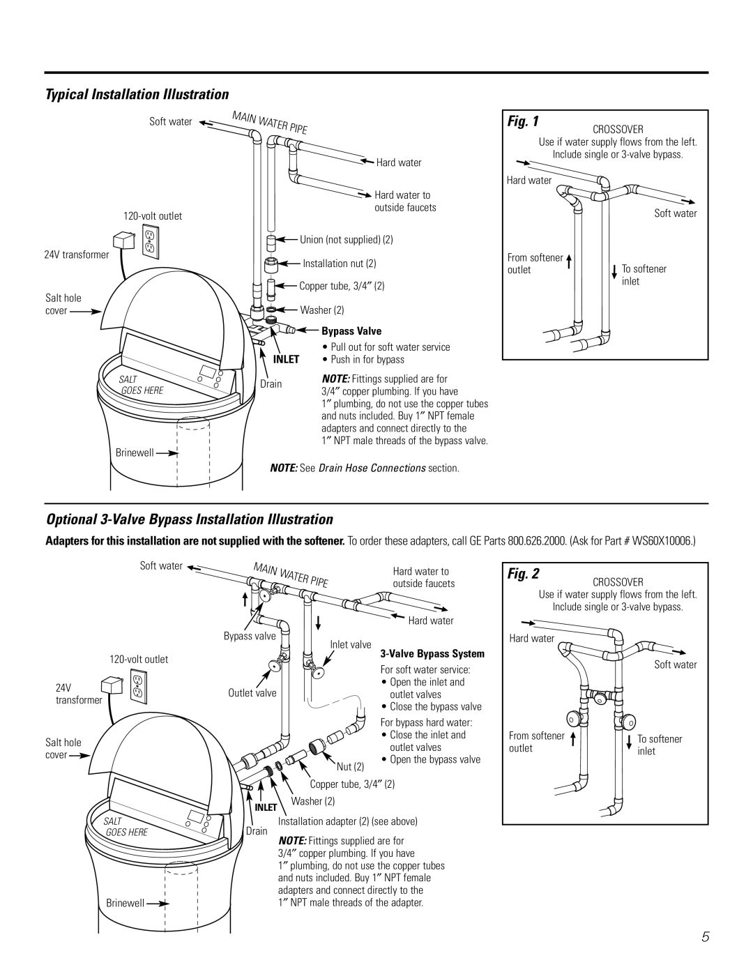 GE GXSF31E installation instructions Typical Installation Illustration, Optional 3-Valve Bypass Installation Illustration 