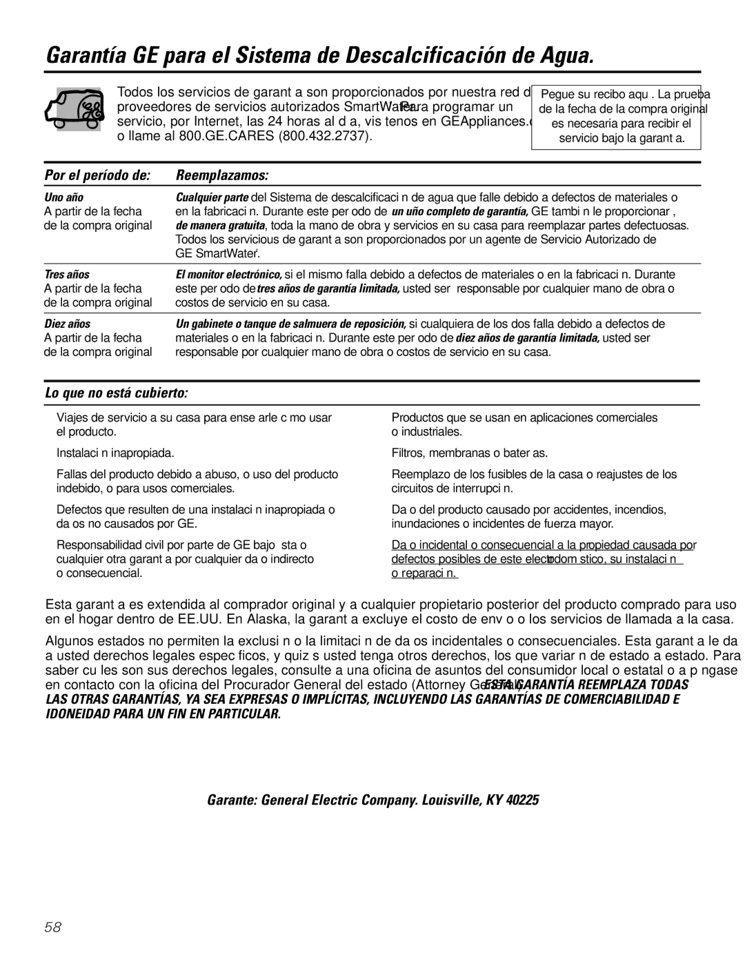 GE GXSF31E Garantía GE para el Sistema de Descalcificación de Agua, Por el período de Reemplazamos 