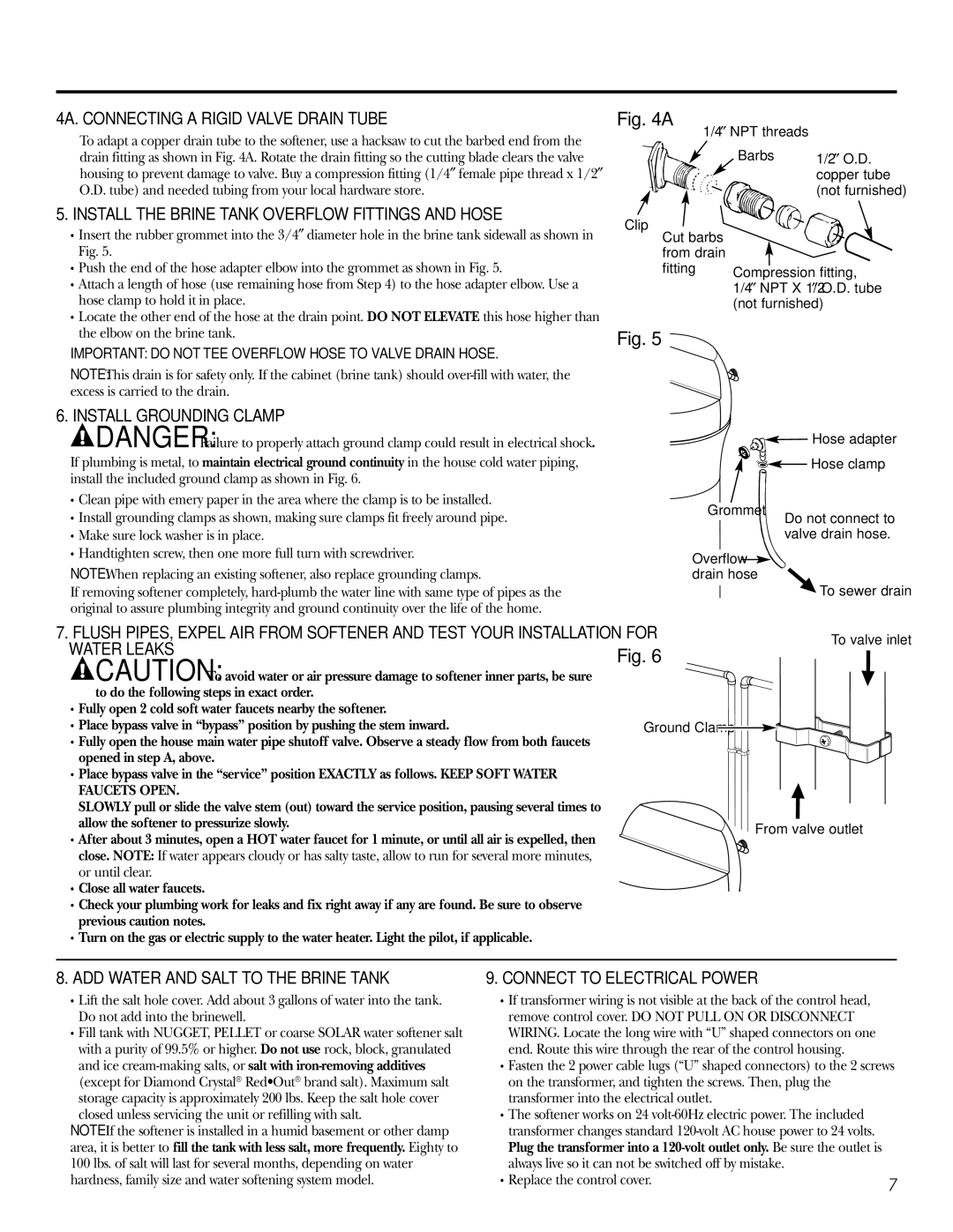 GE GXSF31E 4A. Connecting a Rigid Valve Drain Tube, Install the Brine Tank Overflow Fittings and Hose 