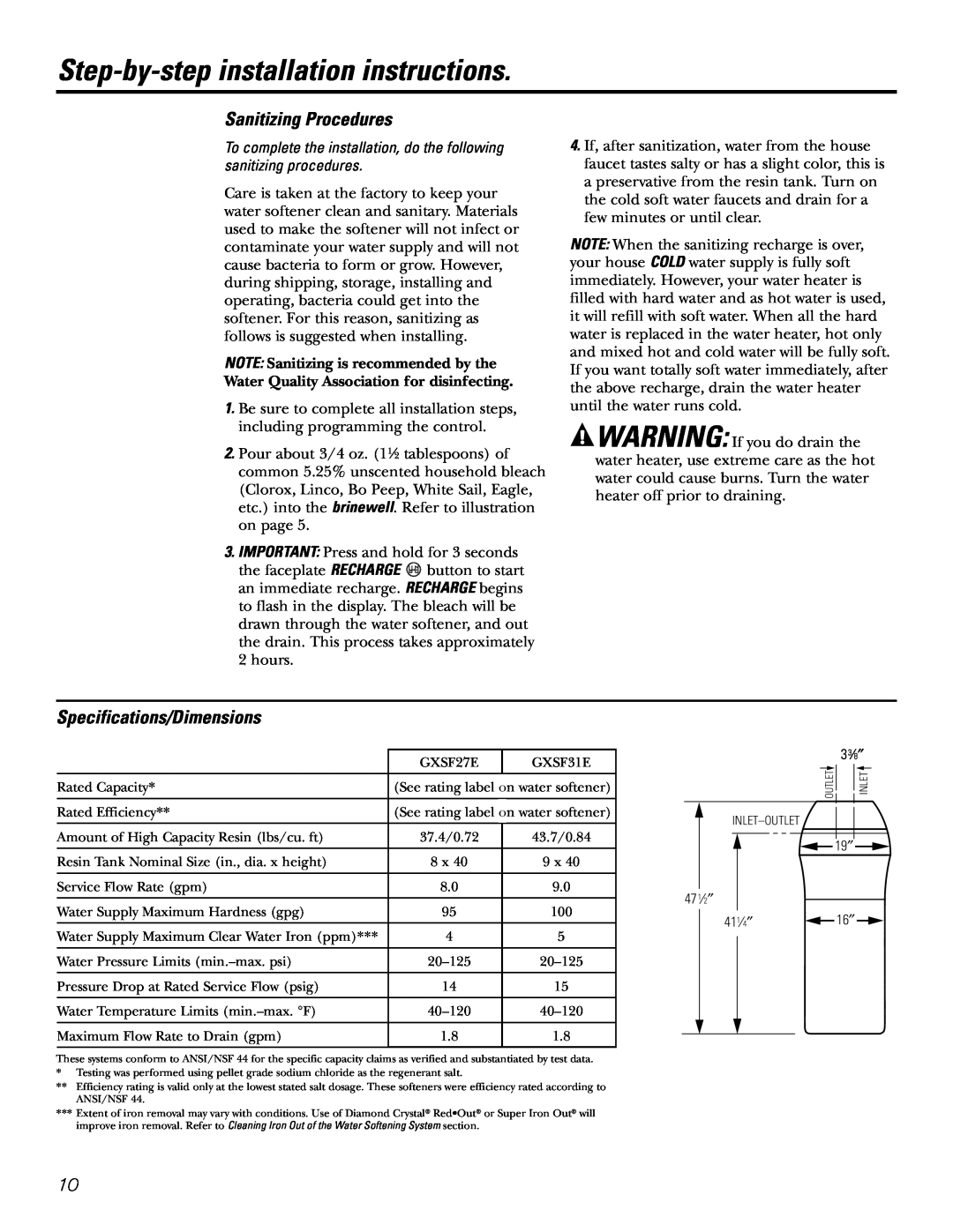 GE GXSF31E Step-by-step installation instructions, Sanitizing Procedures, Specifications/Dimensions 