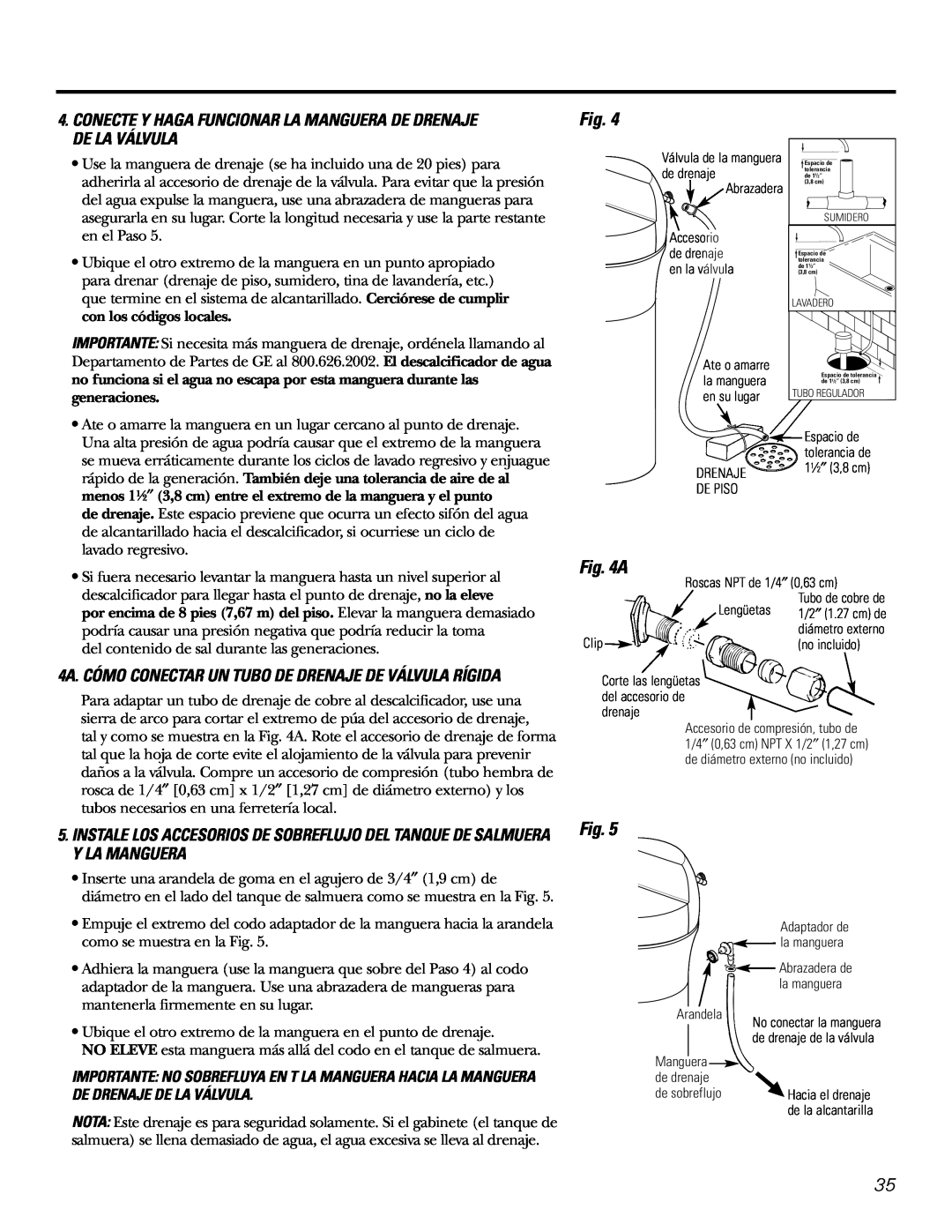 GE GXSF31E installation instructions De La Válvula, 4A. CÓMO CONECTAR UN TUBO DE DRENAJE DE VÁLVULA RÍGIDA 