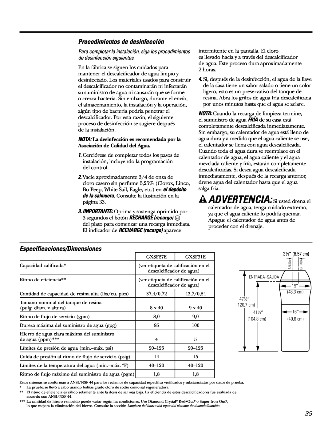 GE GXSF31E installation instructions Procedimientos de desinfección, Especificaciones/Dimensiones 