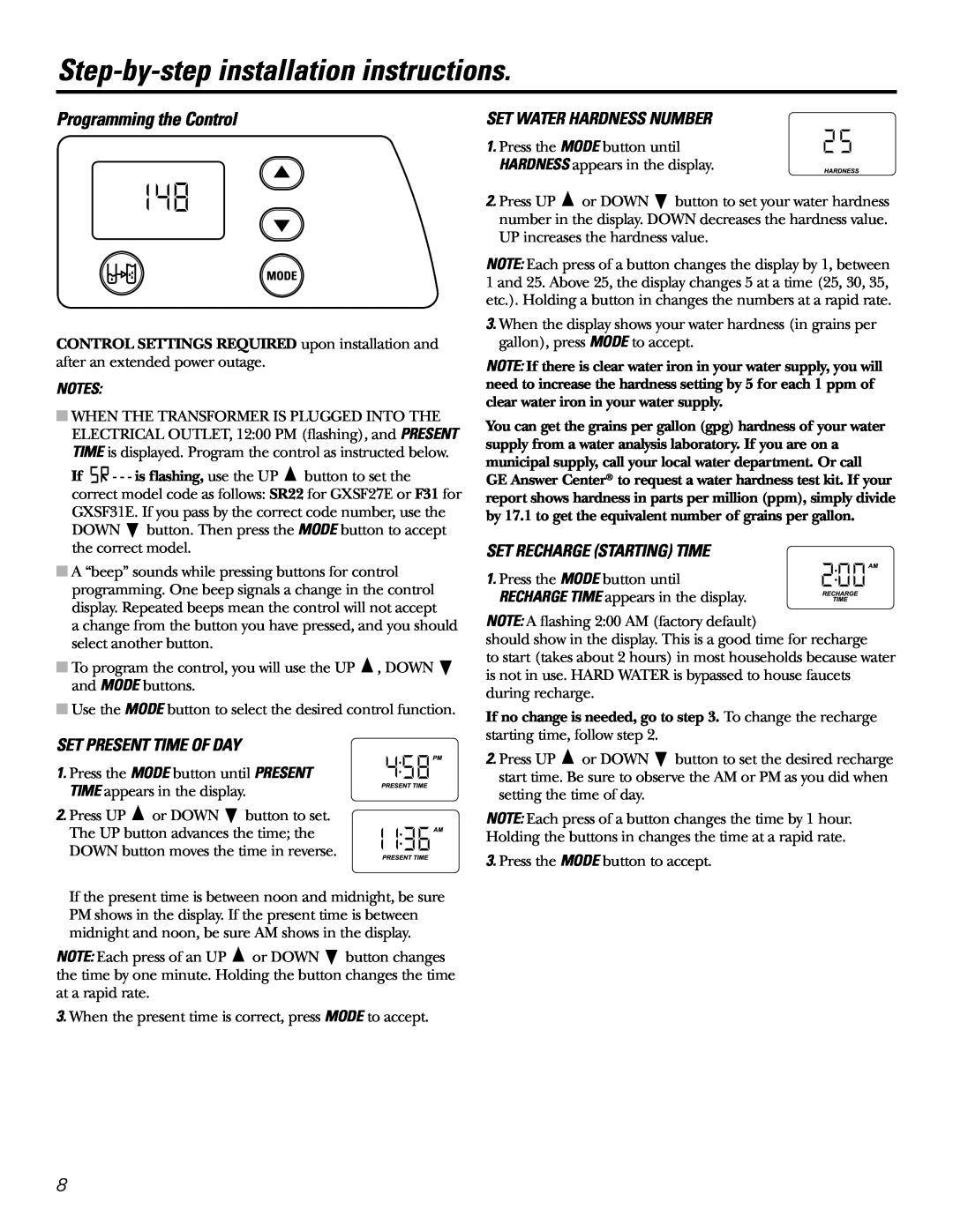 GE GXSF31E Step-by-step installation instructions, Programming the Control, Set Present Time Of Day 