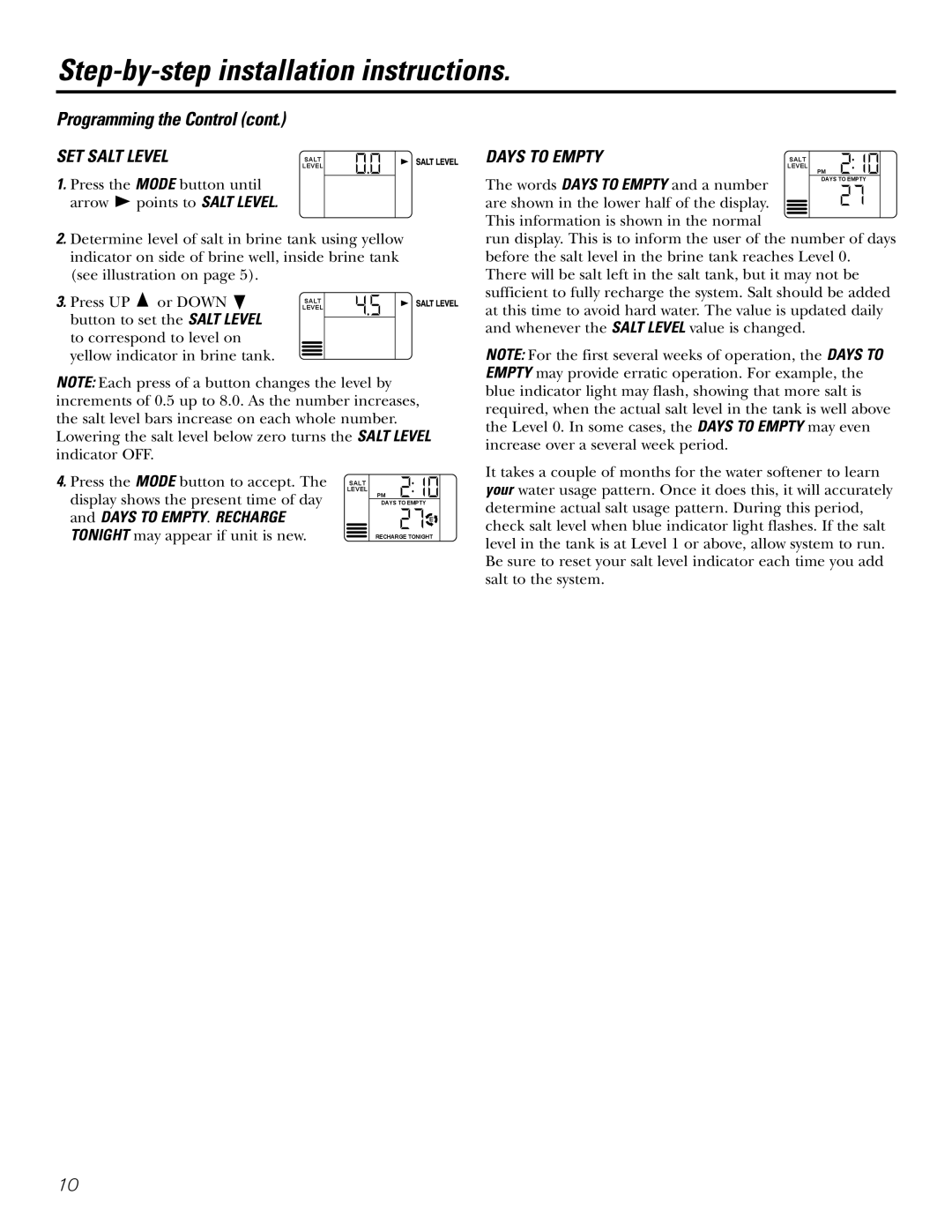 GE GXSF35E, GXSF39E installation instructions SET Salt Level, Days to Empty, Press UP or Down, Days to EMPTY. Recharge 