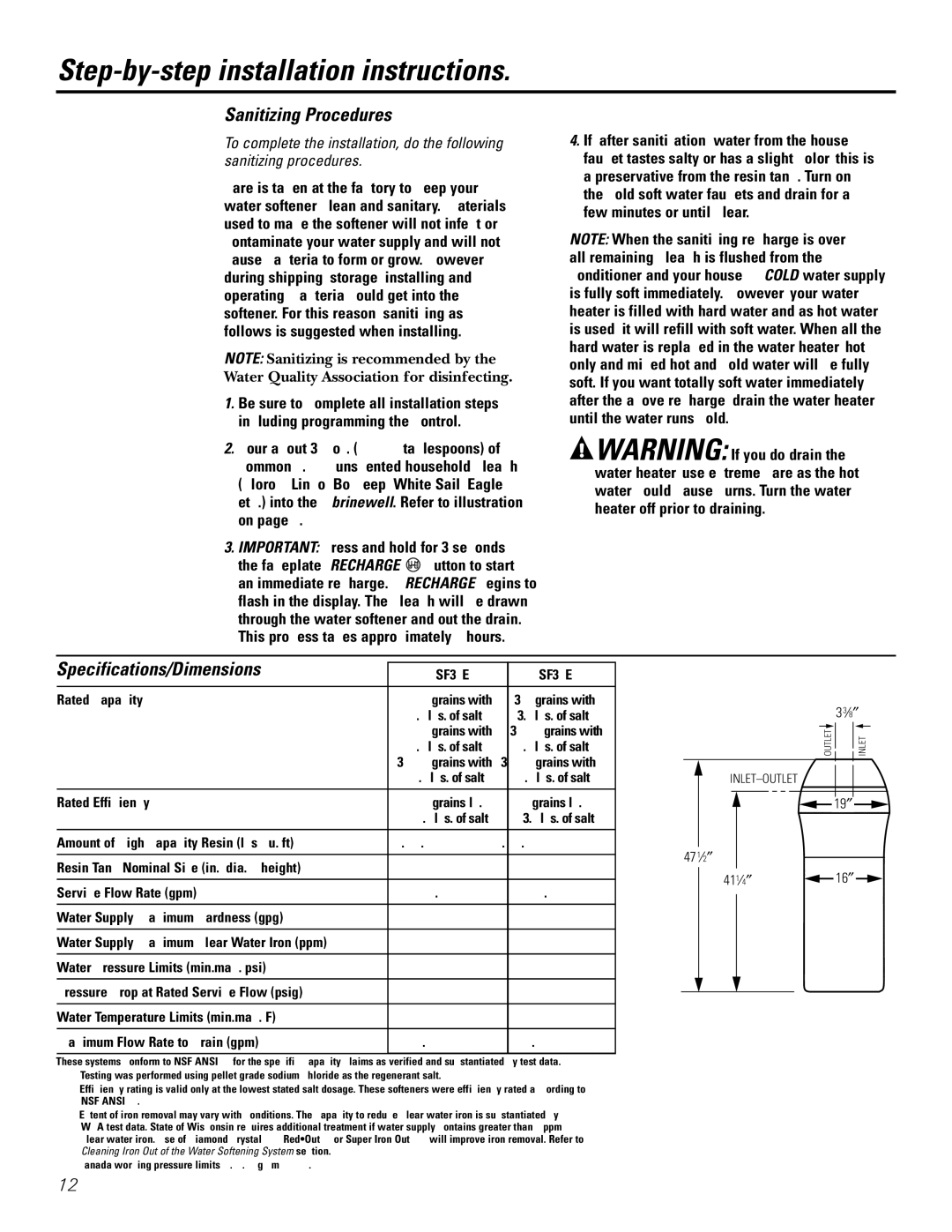 GE GXSF35E, GXSF39E installation instructions Sanitizing Procedures, Specifications/Dimensions 