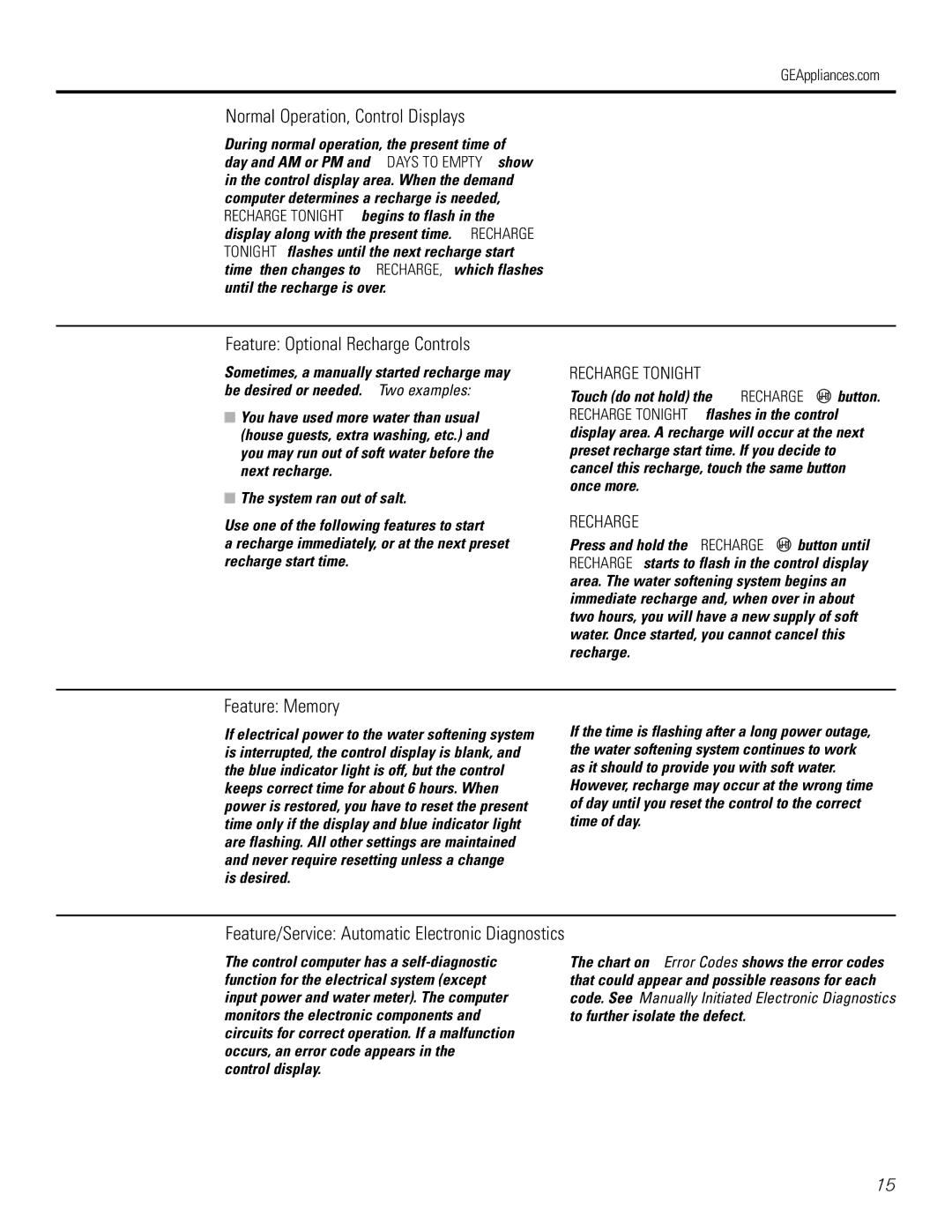 GE GXSF39E, GXSF35E Normal Operation, Control Displays, Feature Optional Recharge Controls, Feature Memory 