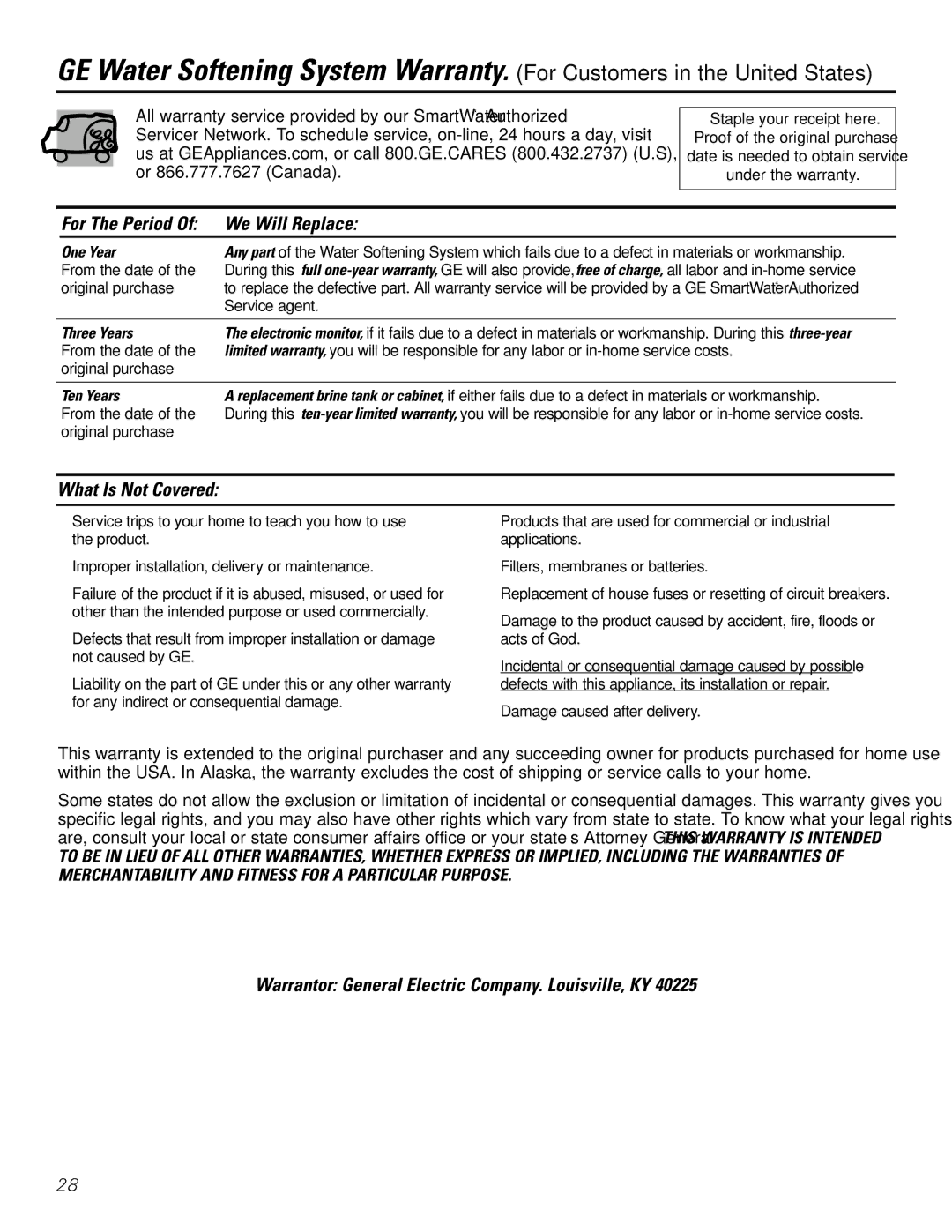 GE GXSF35E For The Period Of We Will Replace, What Is Not Covered, Warrantor General Electric Company. Louisville, KY 