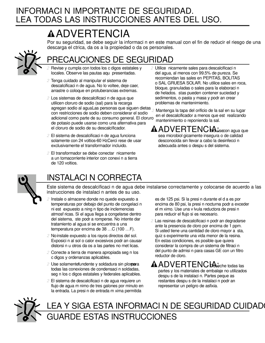 GE GXSF35E, GXSF39E installation instructions Advertencia No use con agua que 