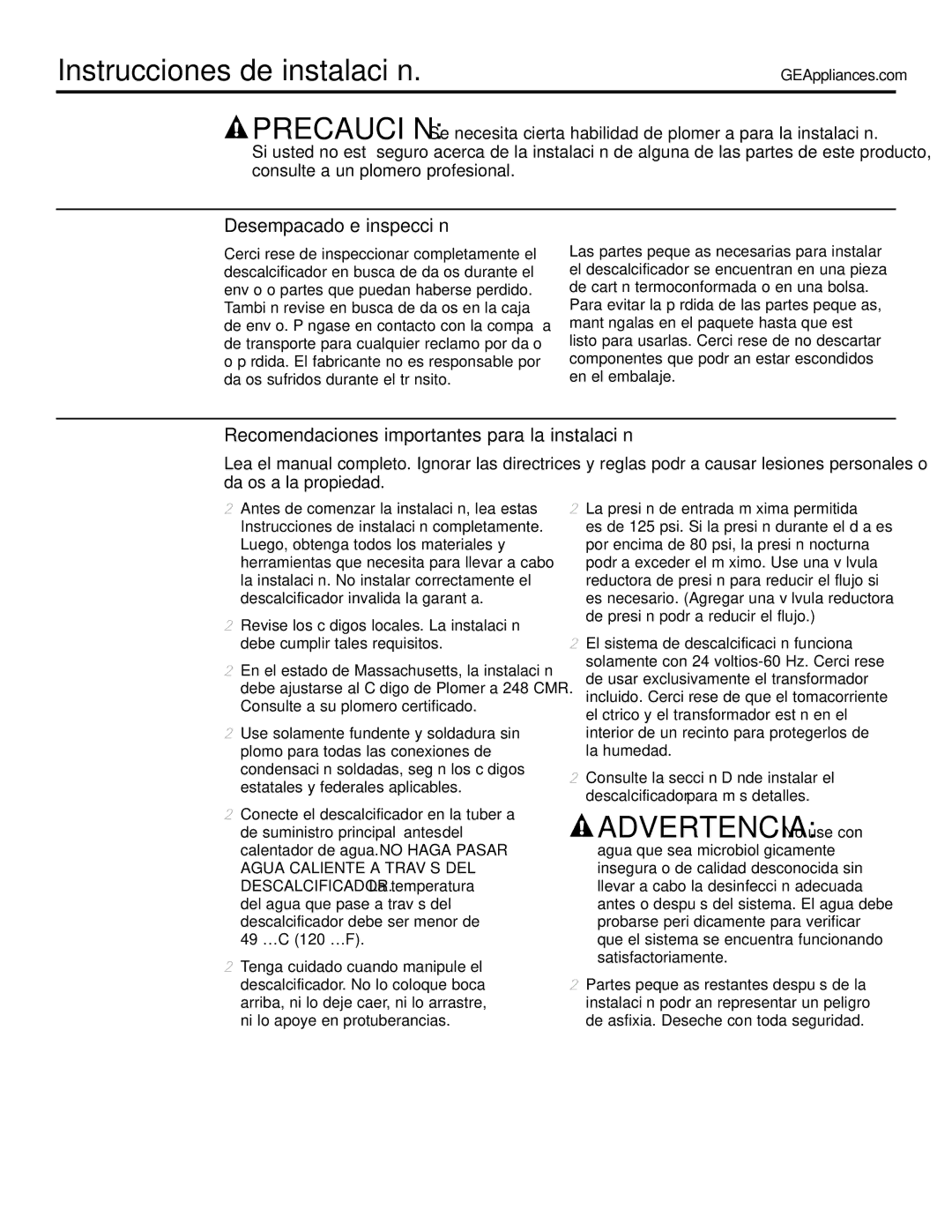 GE GXSF39E, GXSF35E installation instructions Instrucciones de instalación, Advertencia No use con, Desempacado e inspección 