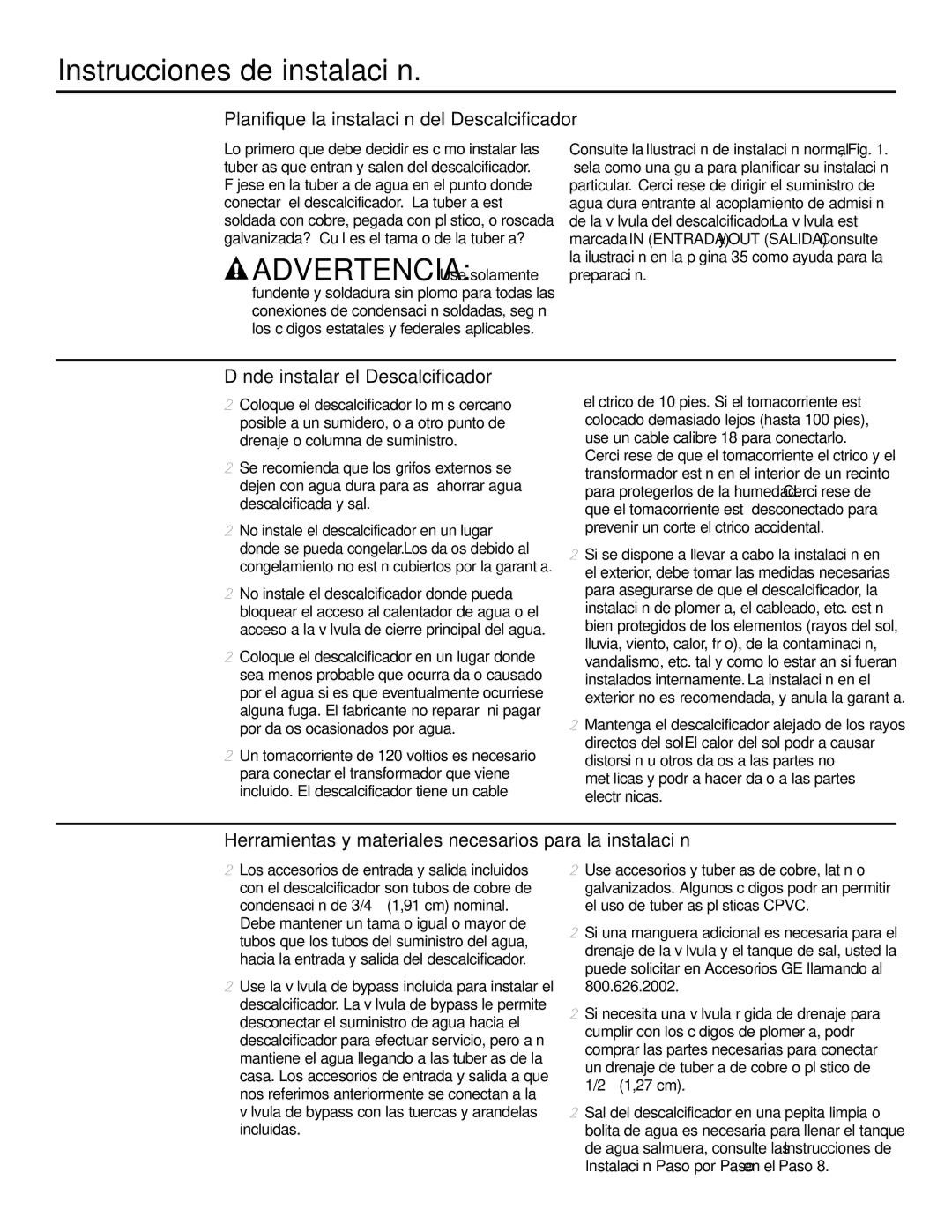 GE GXSF35E, GXSF39E Planifique la instalación del Descalcificador, Dónde instalar el Descalcificador 