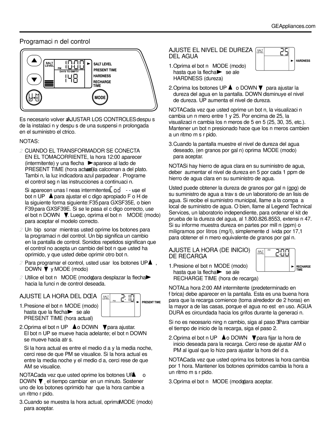 GE GXSF39E, GXSF35E Programación del control, Ajuste LA Hora DEL DÍA, DEL Agua, Ajuste LA Hora DE Inicio, DE Recarga 