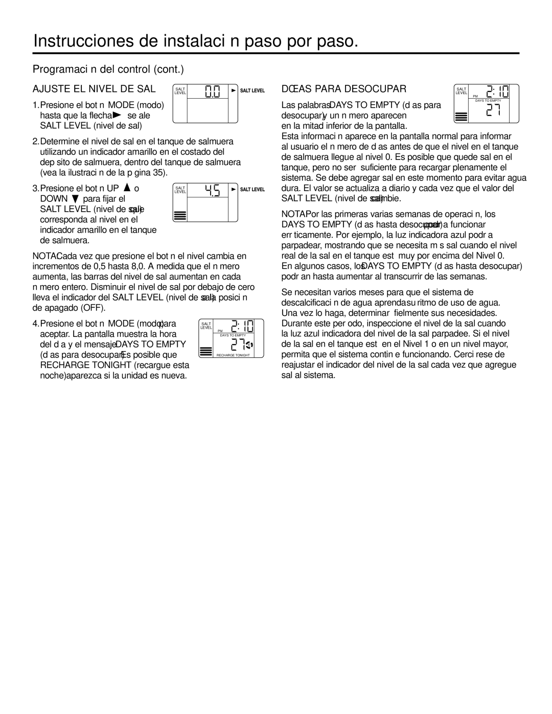 GE GXSF35E, GXSF39E installation instructions Ajuste EL Nivel DE SAL, Días Para Desocupar 