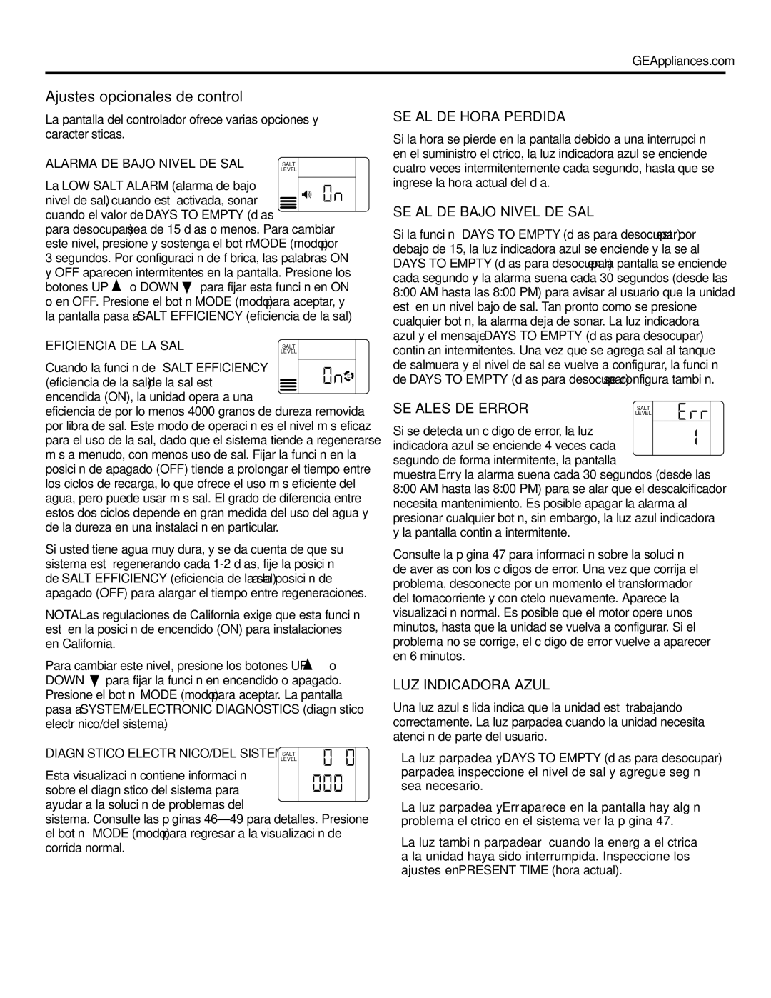 GE GXSF39E, GXSF35E Ajustes opcionales de control, Señal DE Hora Perdida, Señal DE Bajo Nivel DE SAL, Señales DE Error 