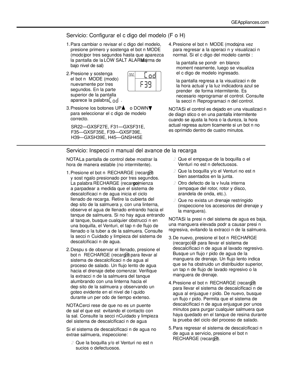 GE GXSF39E, GXSF35E Servicio Configurar el código del modelo F o H, Servicio Inspección manual del avance de la recarga 