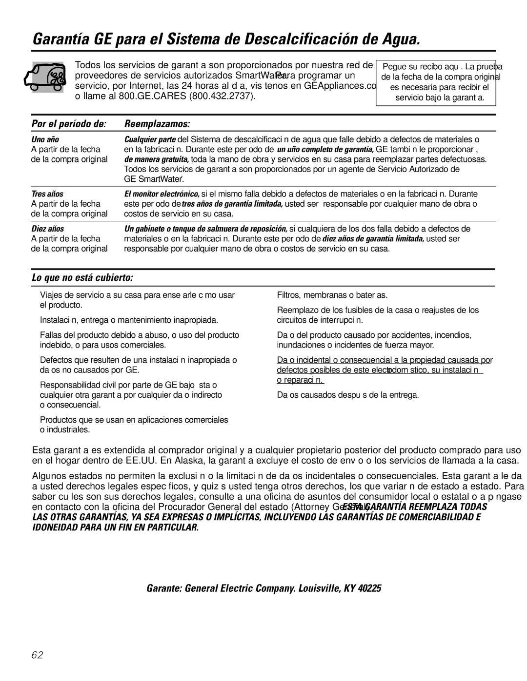 GE GXSF35E, GXSF39E Garantía GE para el Sistema de Descalcificación de Agua, Por el período de Reemplazamos 