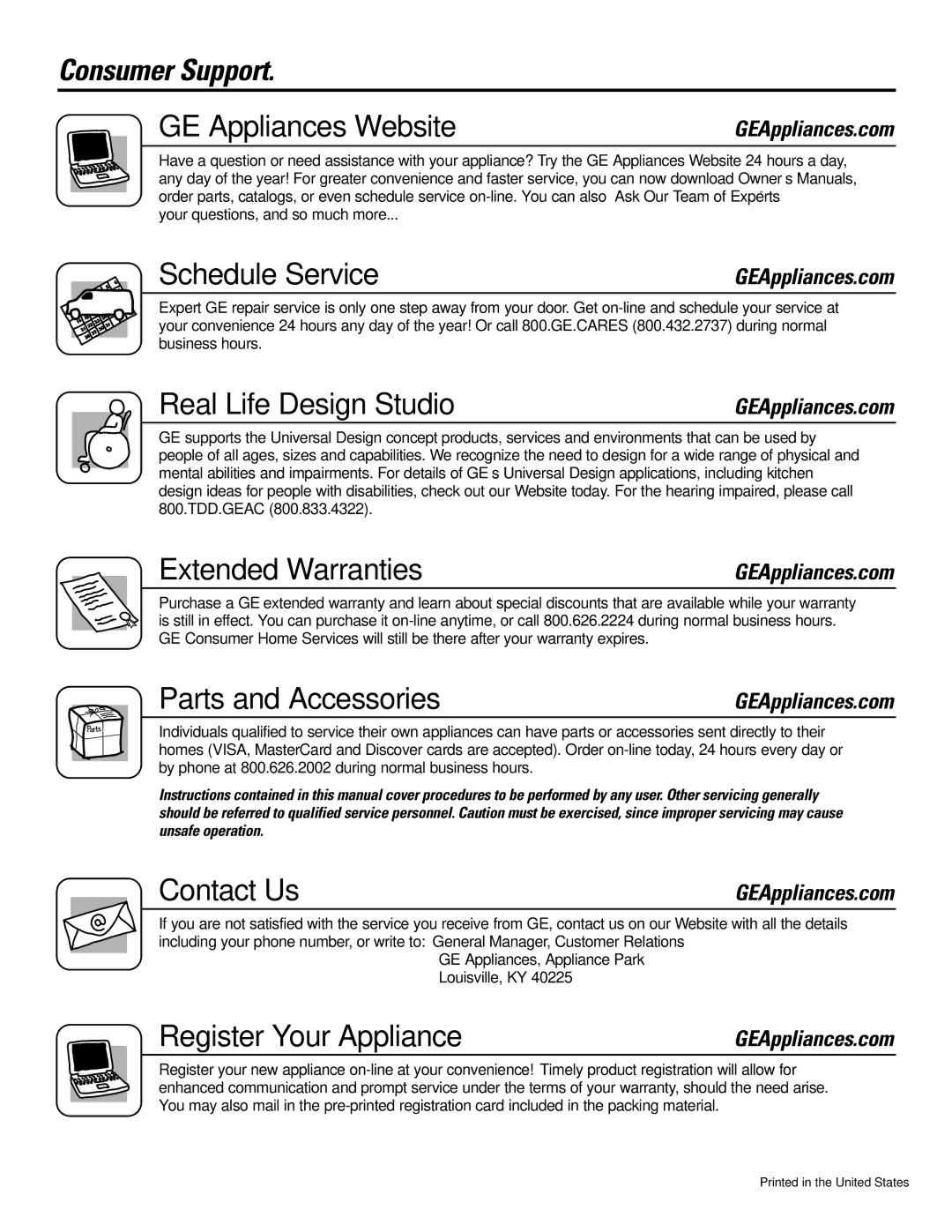 GE GXSF35E, GXSF39E Consumer Support GE Appliances Website, Schedule Service, Real Life Design Studio, Extended Warranties 