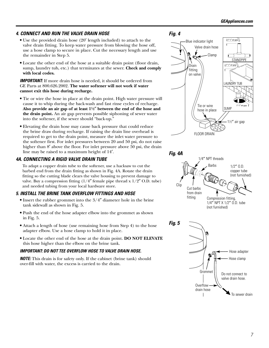 GE GXSF39E, GXSF35E Connect and RUN the Valve Drain Hose, 4A. Connecting a Rigid Valve Drain Tube, With local codes 