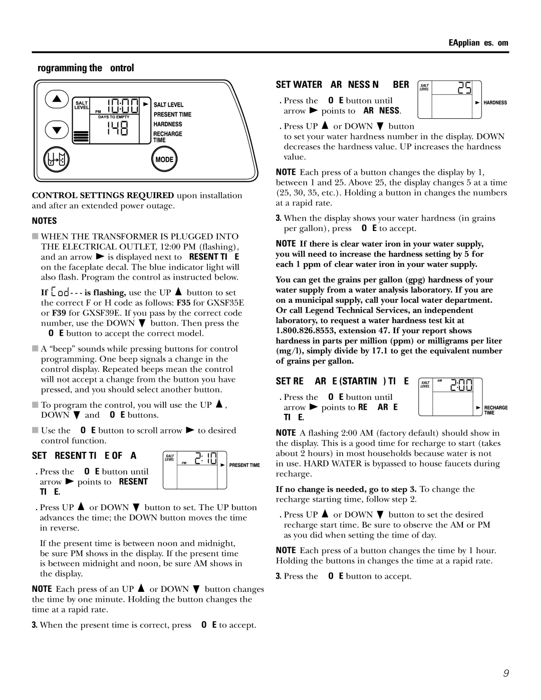 GE GXSF39E, GXSF35E Programming the Control, SET Water Hardness Number Salt, SET Recharge Starting Time 