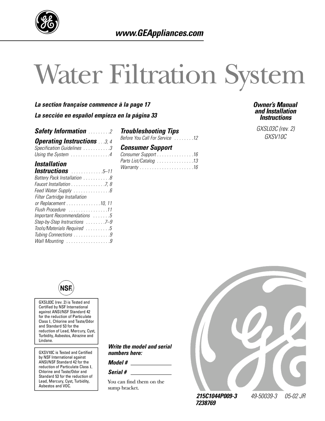 GE GXSV10C, GXSL03C installation instructions Safety Information Operating Instructions . . .3, 215C1044P009-3, 7238769 