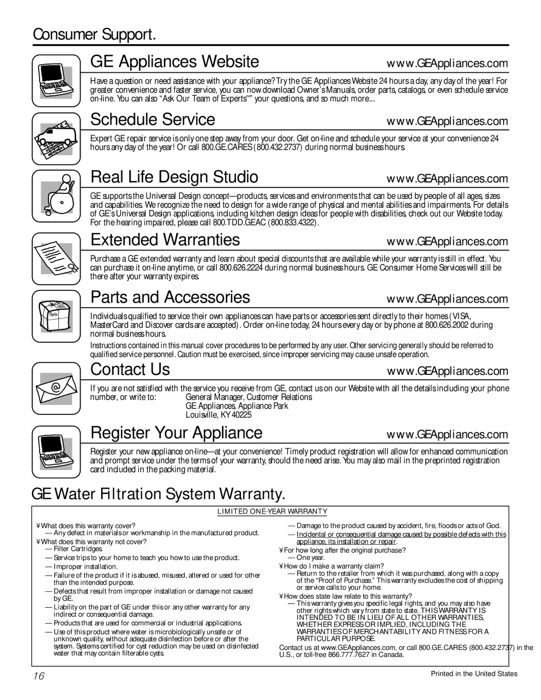 GE GXSL03C, GXSV10C Consumer Support GE Appliances Website Schedule Service, Real Life Design Studio, Extended Warranties 