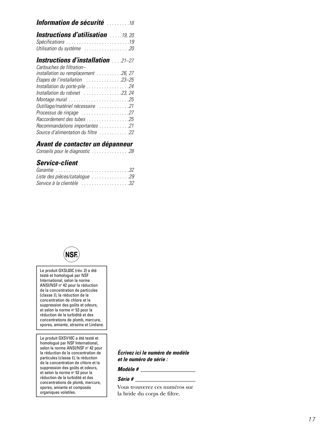 GE GXSV10C Instructions d’installation, Avant de contacter un dépanneur, Cartouches de filtration, Modèle # Série # 