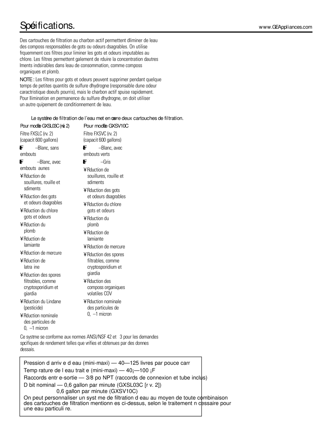 GE GXSV10C, GXSL03C installation instructions Spécifications, Filtre II -Gris 