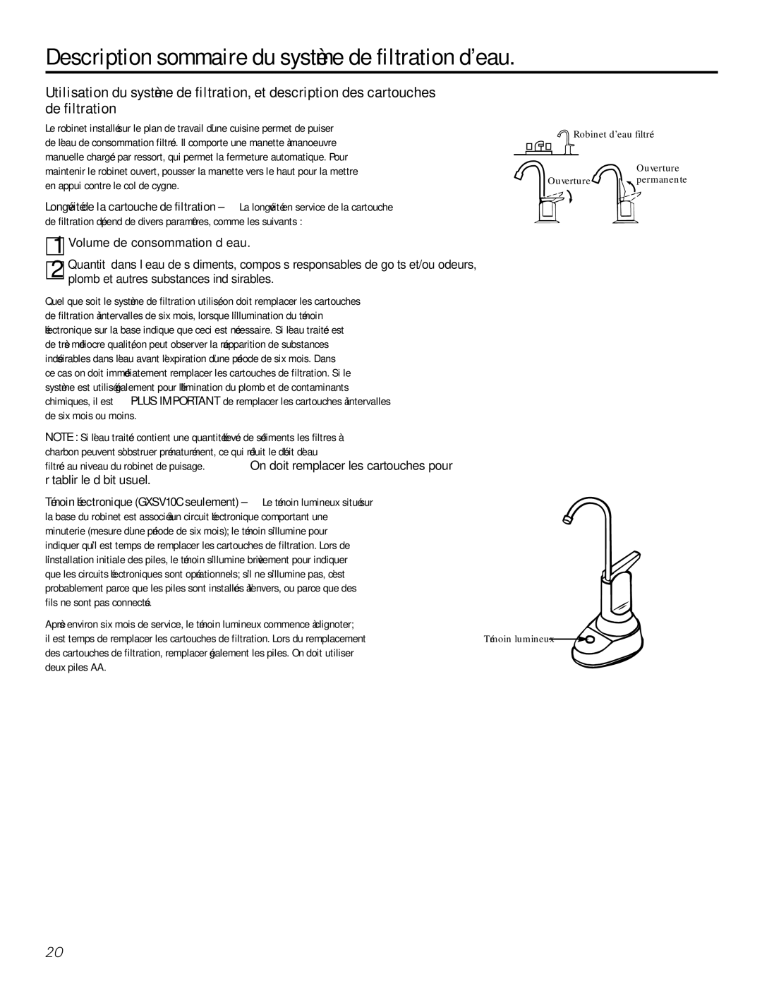 GE GXSL03C, GXSV10C Description sommaire du système de filtration d’eau, Volume de consommation d’eau 