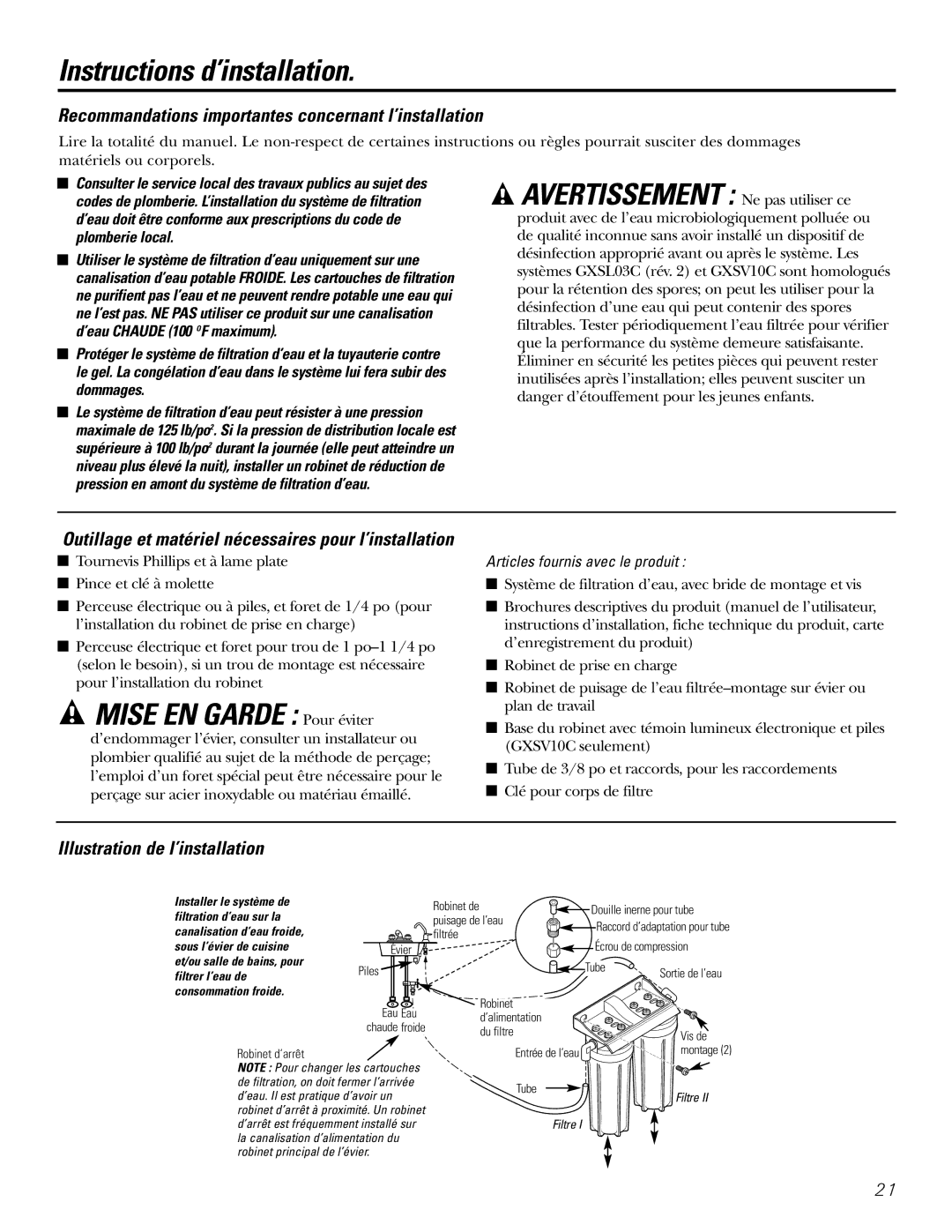 GE GXSV10C Instructions d’installation, Mise EN Garde Pour éviter, Recommandations importantes concernant l’installation 