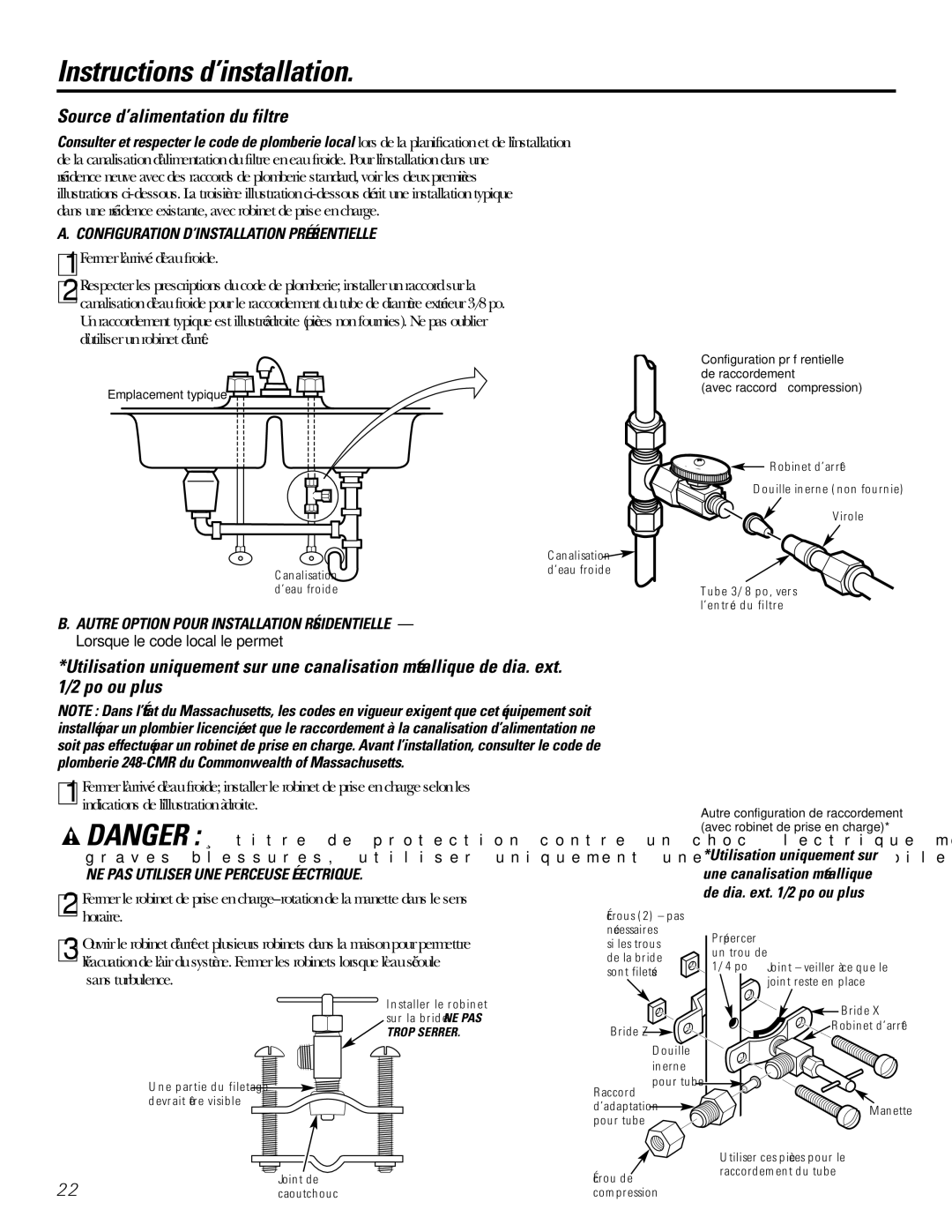 GE GXSL03C, GXSV10C installation instructions Source d’alimentation du filtre, Configuration D’INSTALLATION Préférentielle 