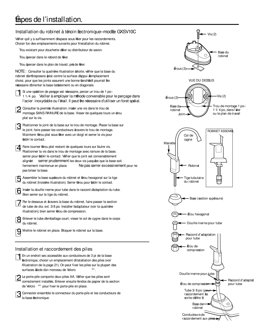 GE GXSL03C Installation du robinet à témoin électronique-modèle GXSV10C, Installation et raccordement des piles 