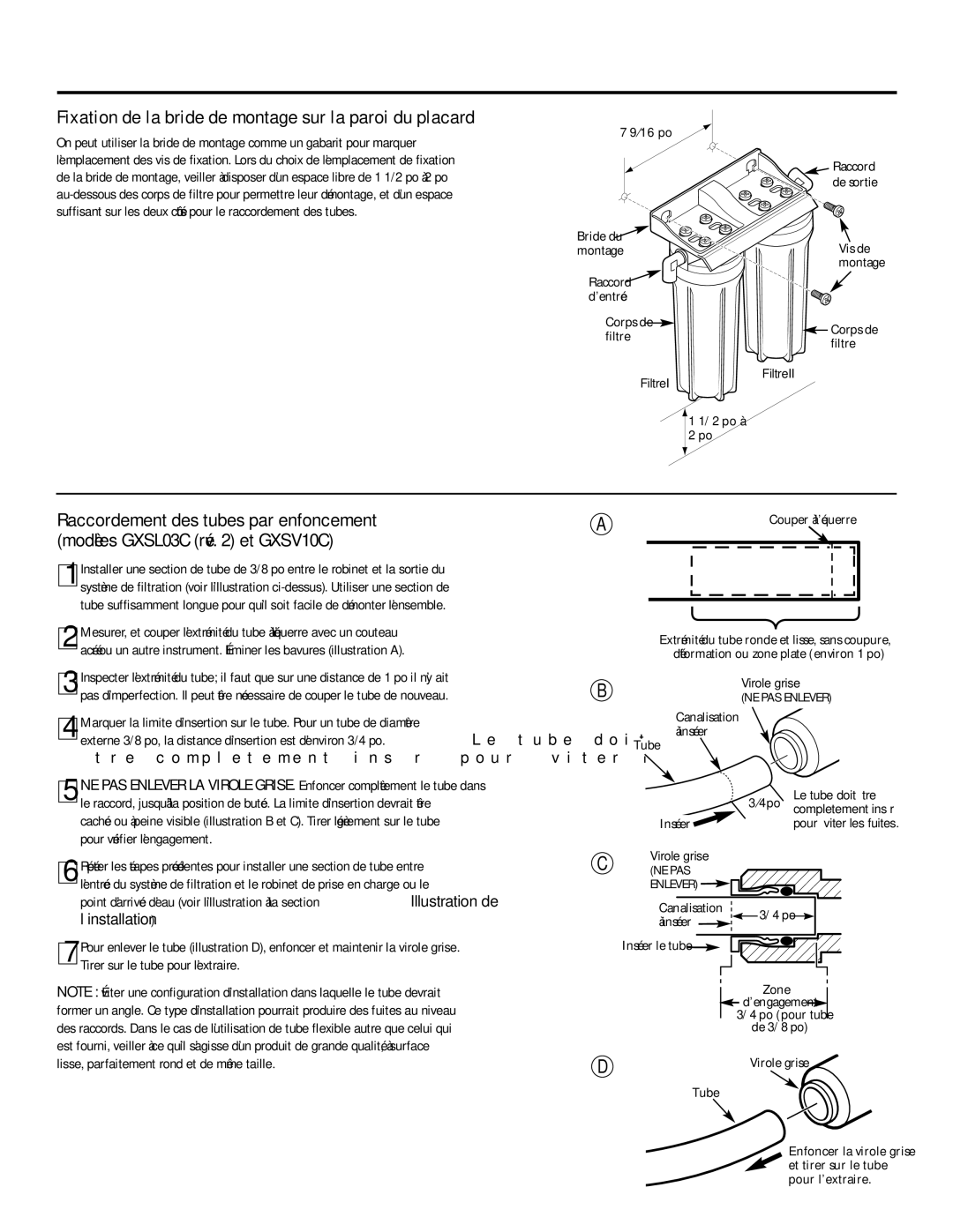 GE GXSV10C Fixation de la bride de montage sur la paroi du placard, Être completement inséré pour éviter les fuites 