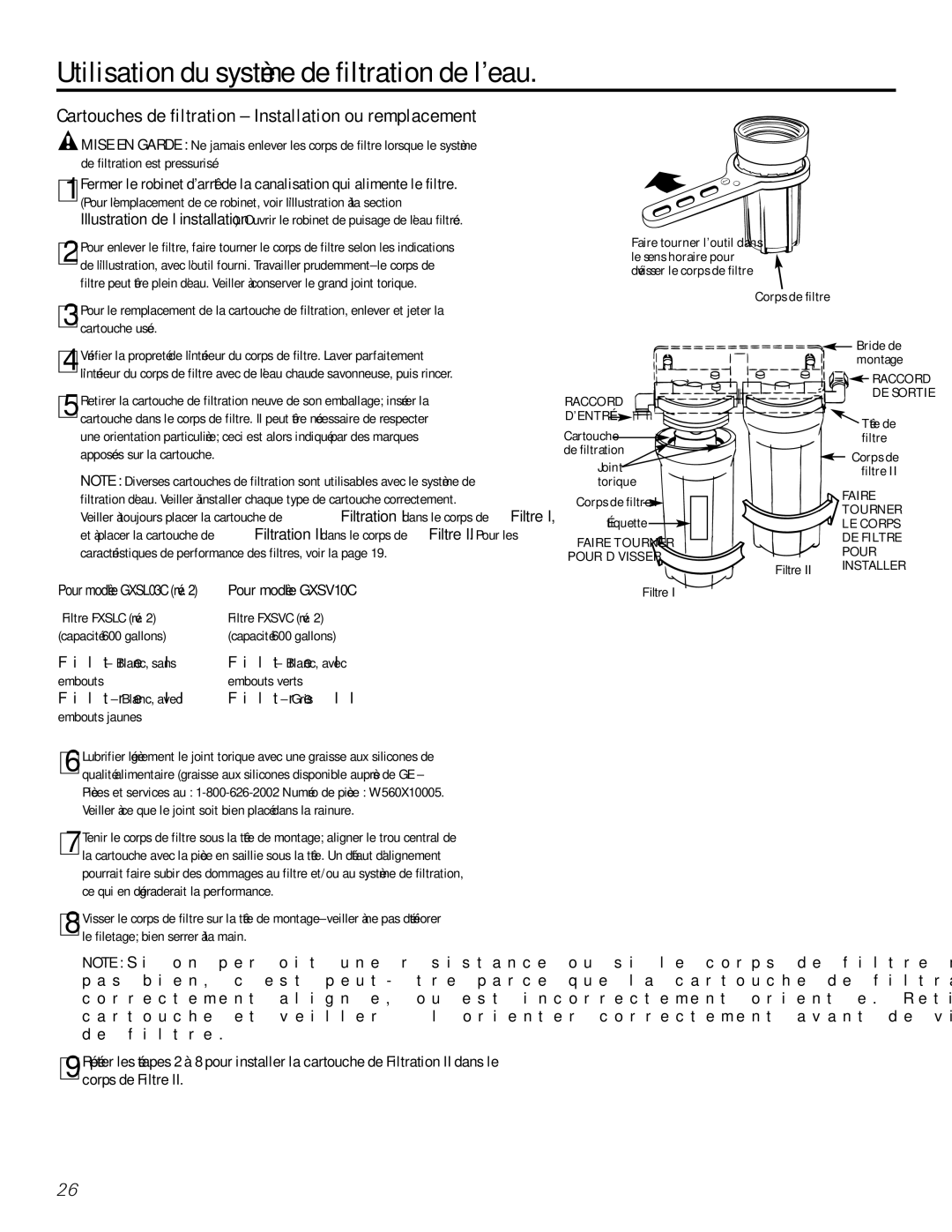 GE GXSL03C, GXSV10C Utilisation du système de filtration de l’eau, Cartouches de filtration Installation ou remplacement 