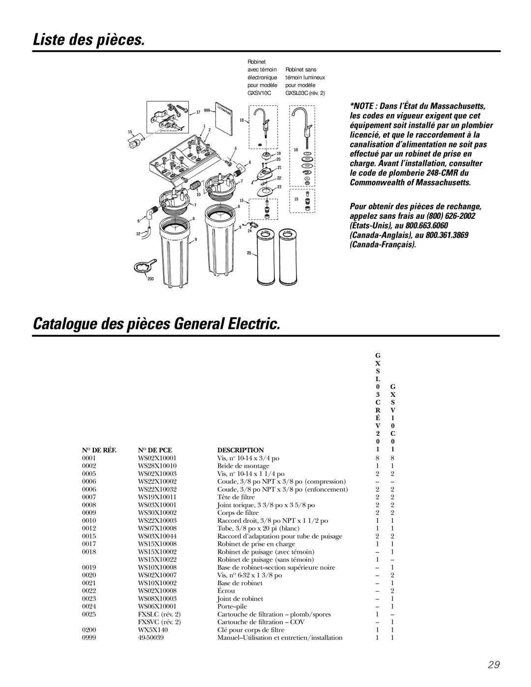 GE GXSV10C, GXSL03C Liste des pièces, Catalogue des pièces General Electric, DE RÉF DE PCE Description 