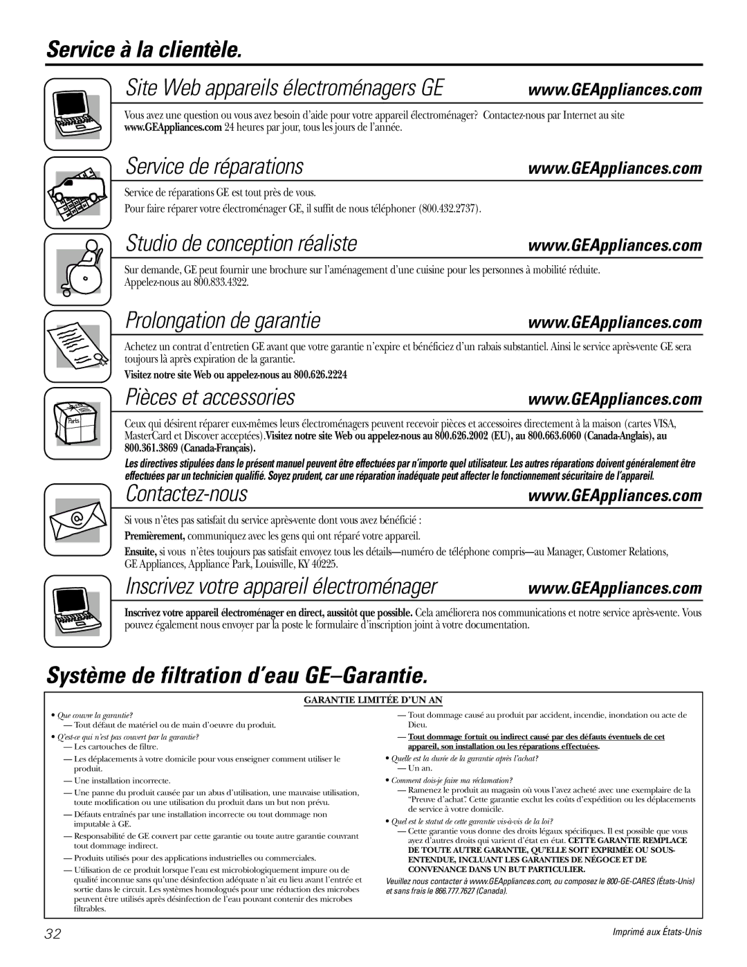 GE GXSL03C, GXSV10C Service à la clientèle, Pièces et accessories, Contactez-nous, Système de filtration d’eau GE-Garantie 