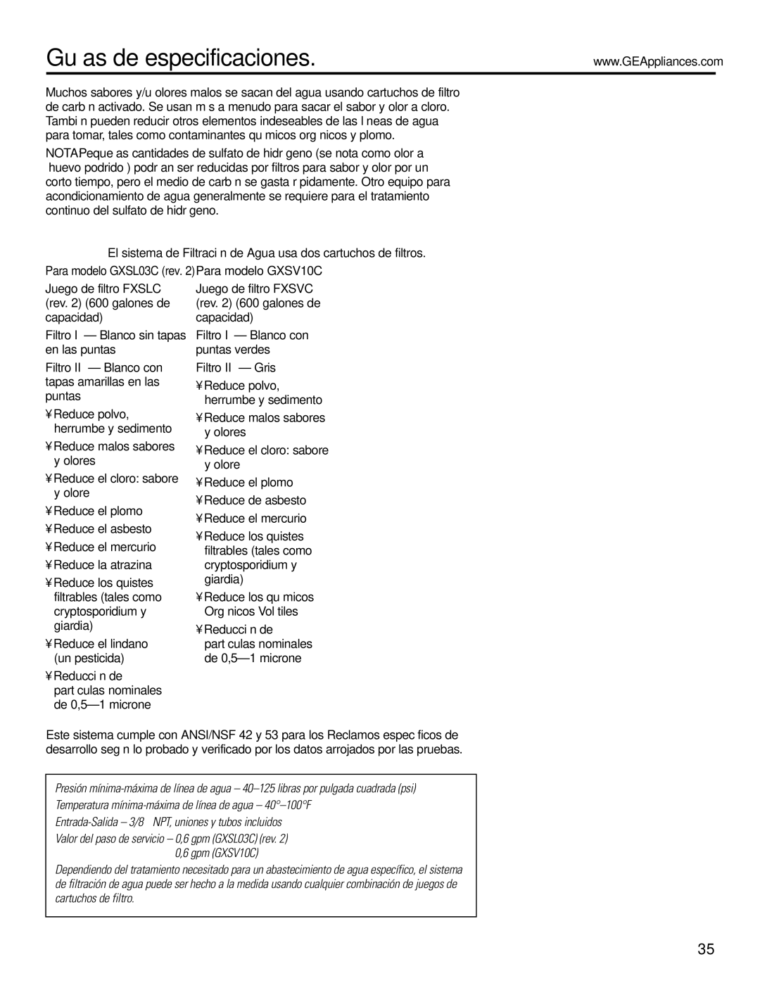 GE GXSL03C installation instructions Guías de especificaciones, Para modelo GXSV10C, Filtro II Gris 