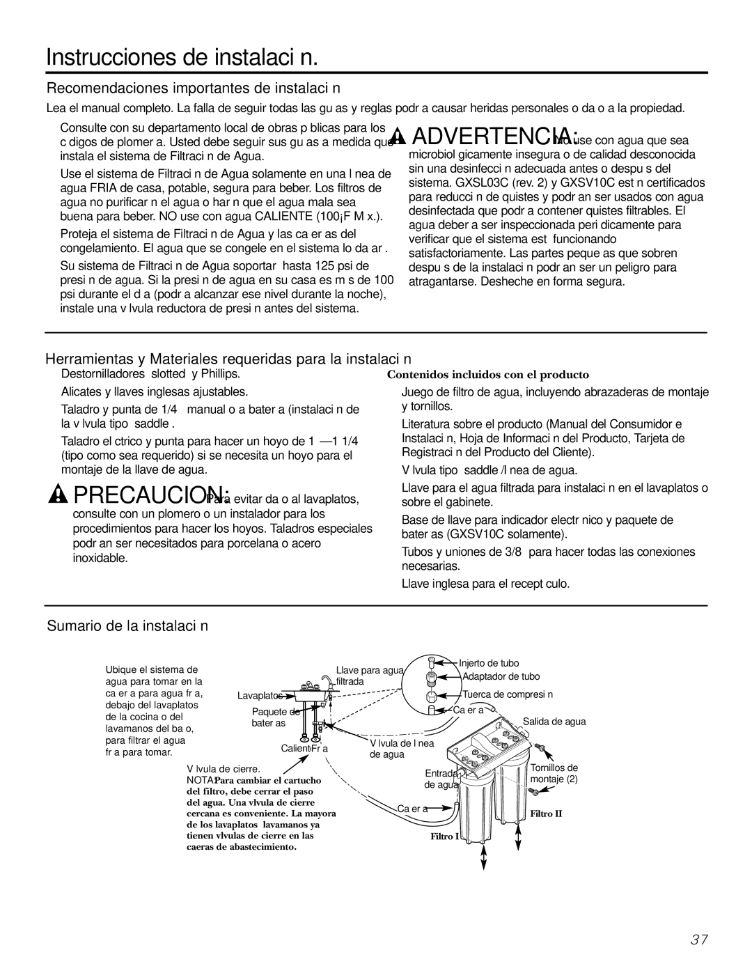 GE GXSV10C, GXSL03C Instrucciones de instalación, Recomendaciones importantes de instalación, Sumario de la instalación 