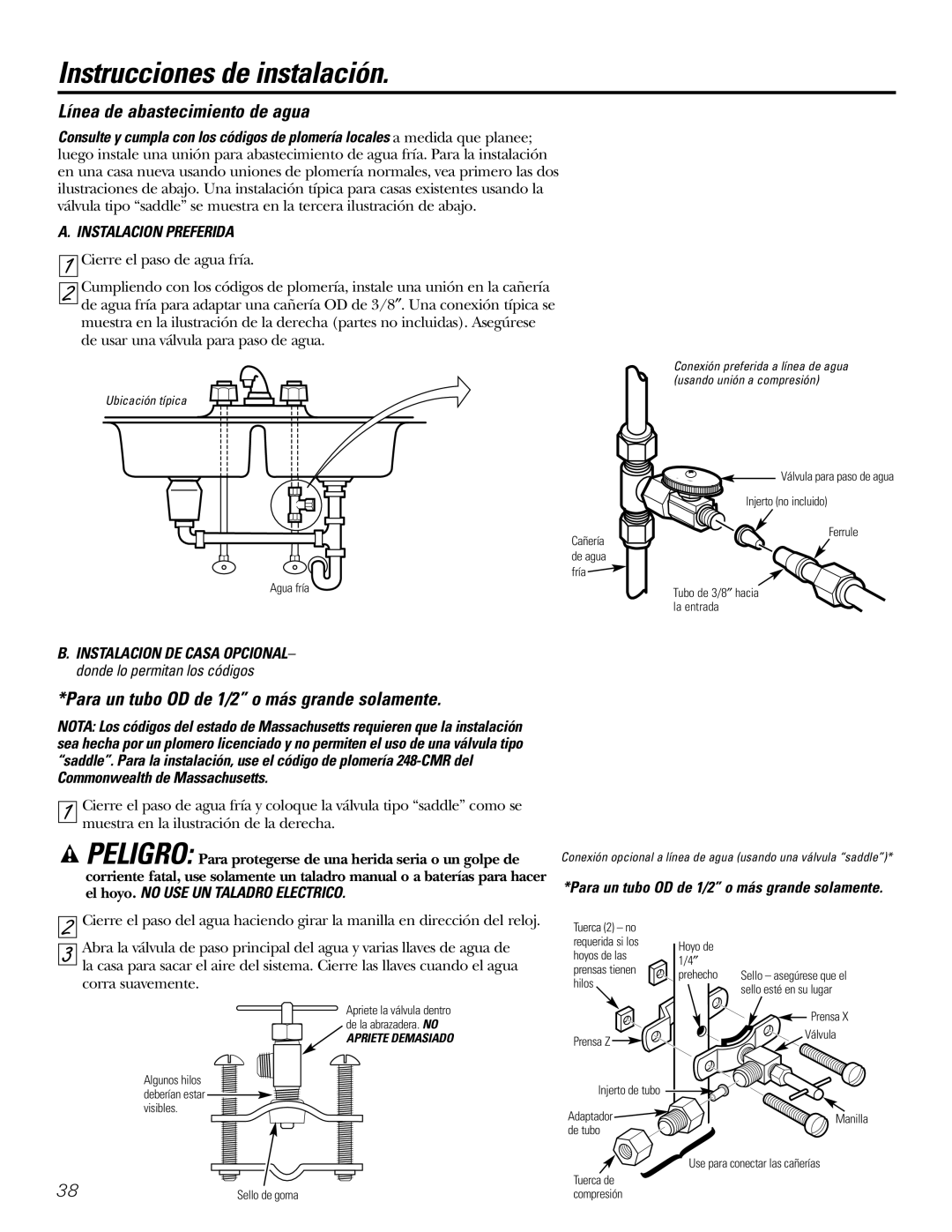 GE GXSL03C, GXSV10C installation instructions Línea de abastecimiento de agua, Para un tubo OD de 1/2 o más grande solamente 