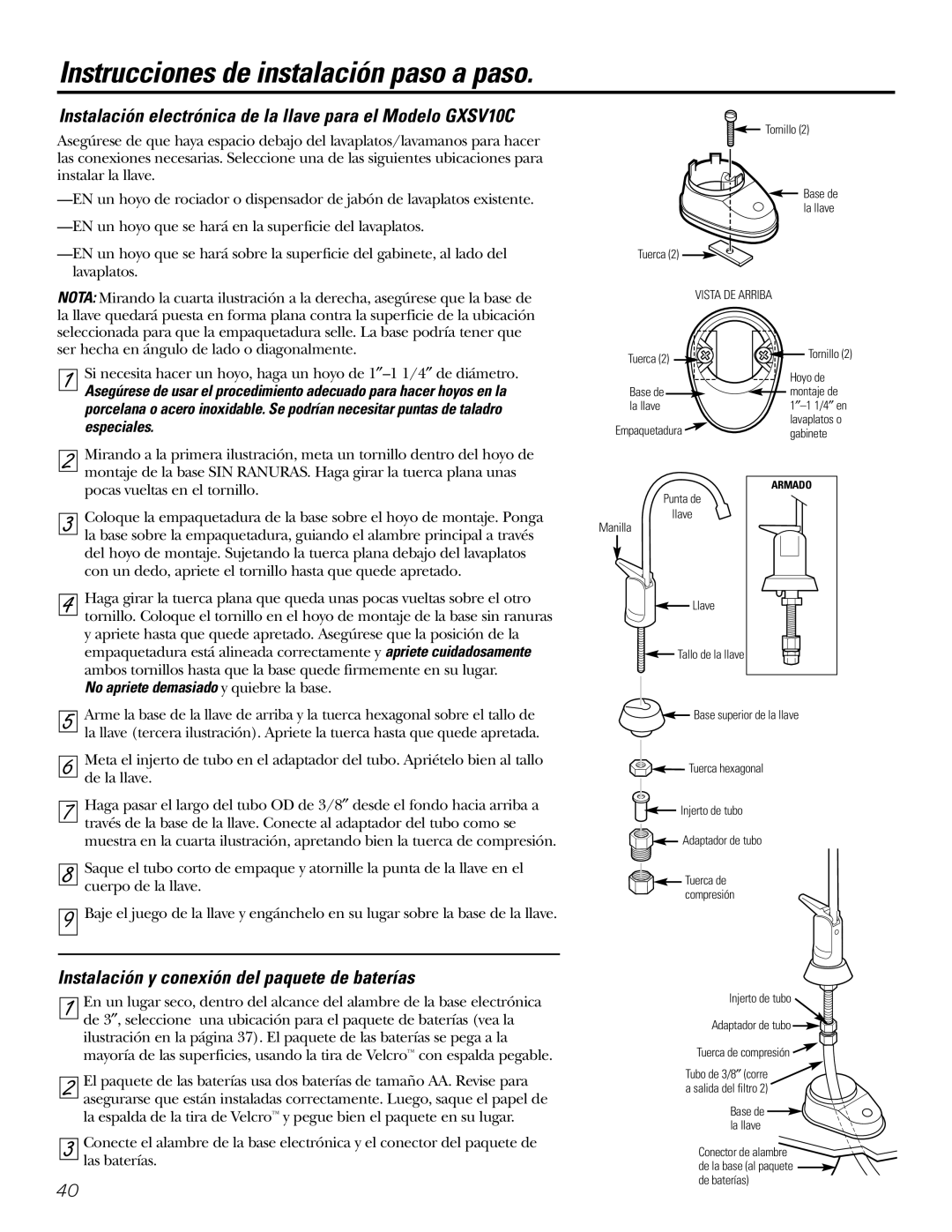 GE GXSL03C Instalación electrónica de la llave para el Modelo GXSV10C, Instalación y conexión del paquete de baterías 