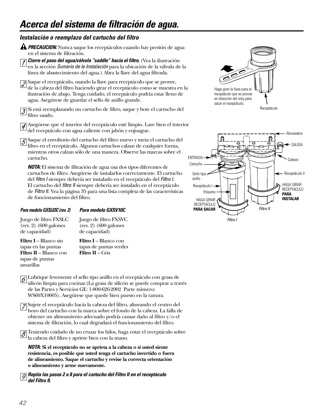 GE GXSL03C, GXSV10C Acerca del sistema de filtración de agua, Instalación o reemplazo del cartucho del filtro 