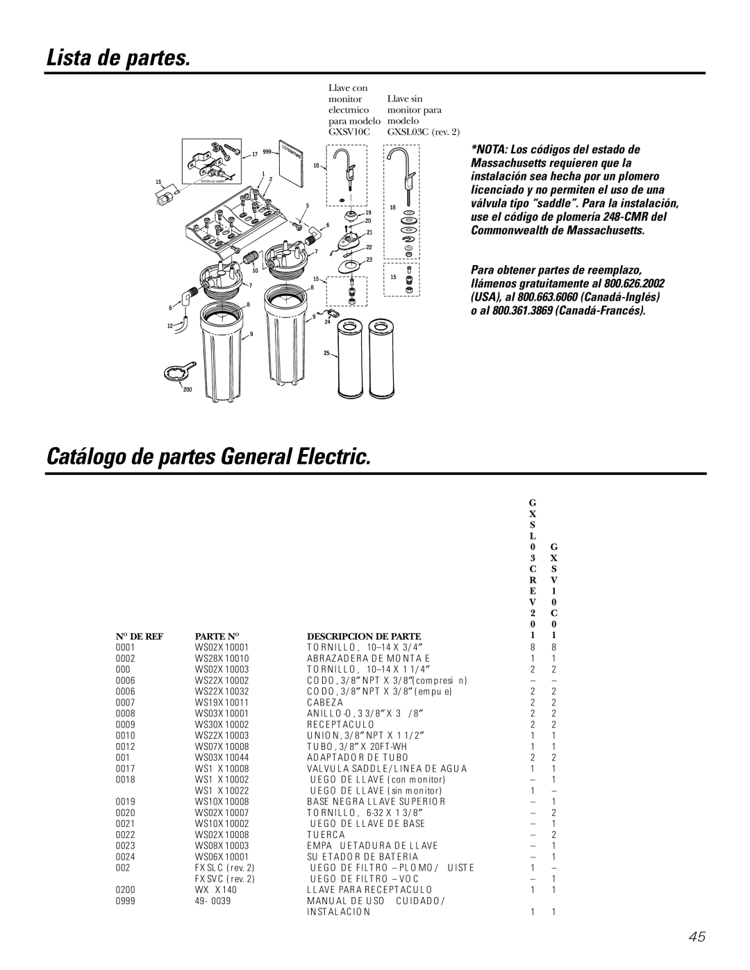 GE GXSV10C, GXSL03C Lista de partes, Catálogo de partes General Electric, DE REF Parte N O Descripcion DE Parte 