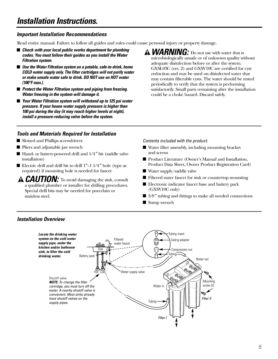 GE GXSV10C, GXSL03C Installation Instructions, Important Installation Recommendations, Installation Overview 