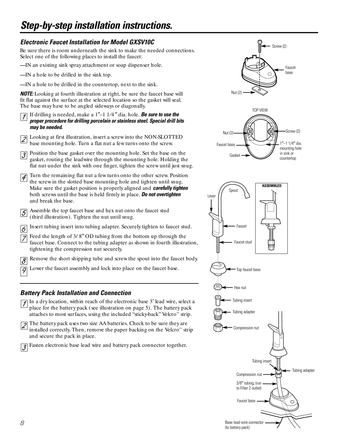 GE GXSL03C Electronic Faucet Installation for Model GXSV10C, Battery Pack Installation and Connection 