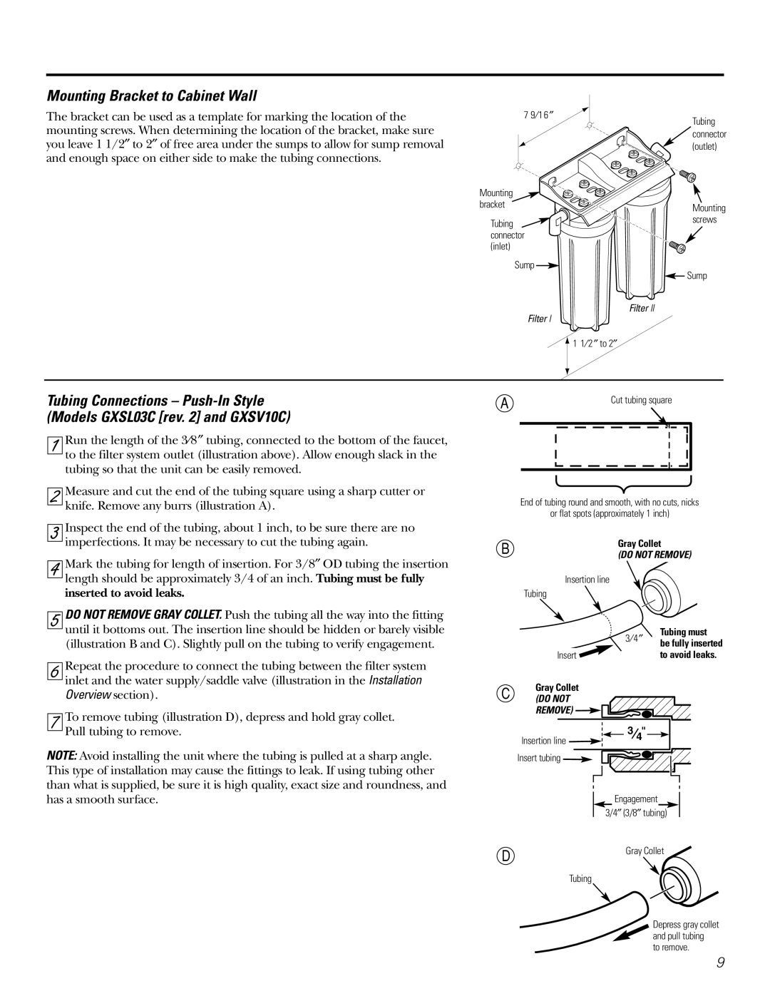 GE GXSV10C, GXSL03C installation instructions Mounting Bracket to Cabinet Wall, Inserted to avoid leaks 