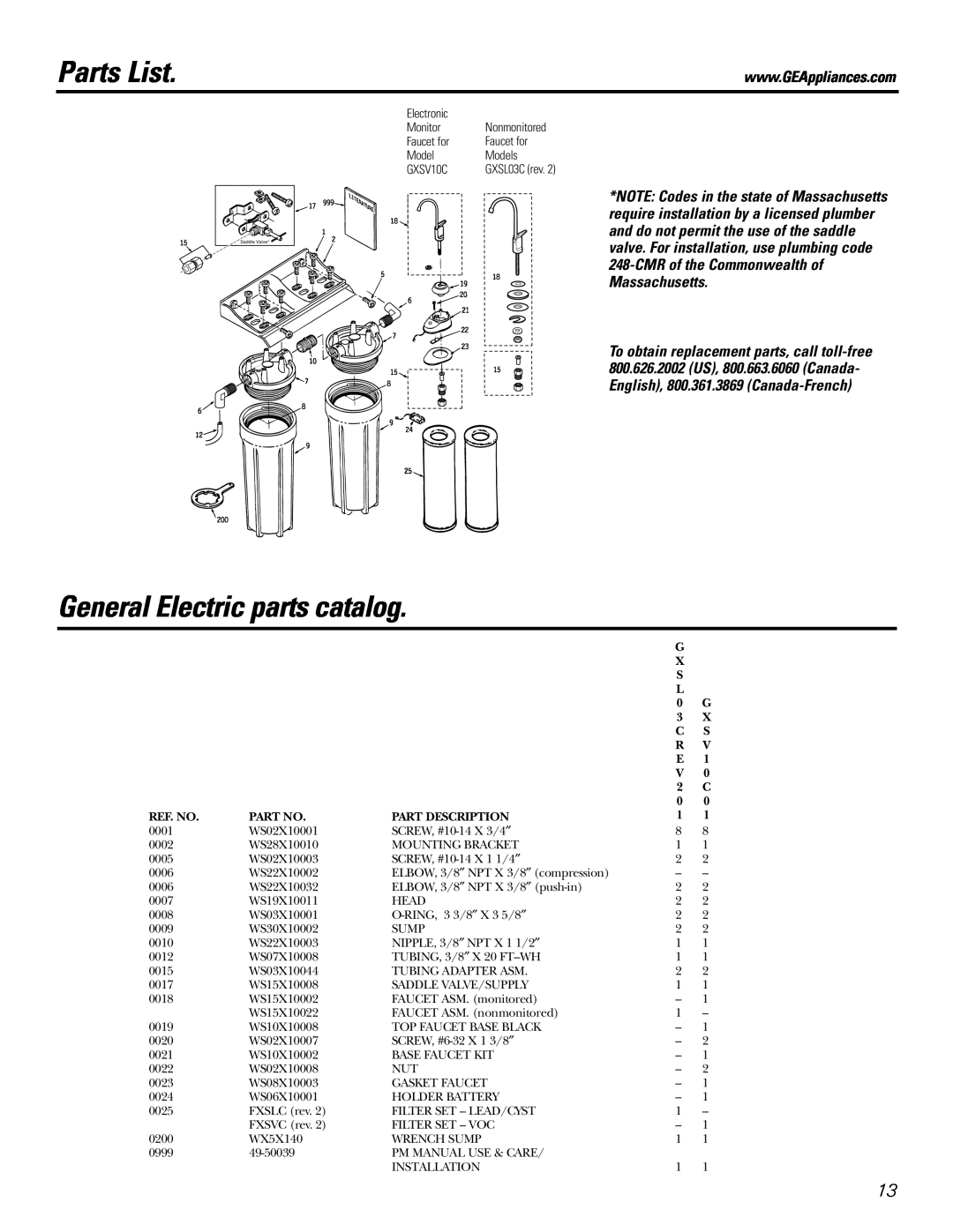 GE GXSV10C, GXSL03C installation instructions Parts List, General Electric parts catalog, Ref. No, Part Description 